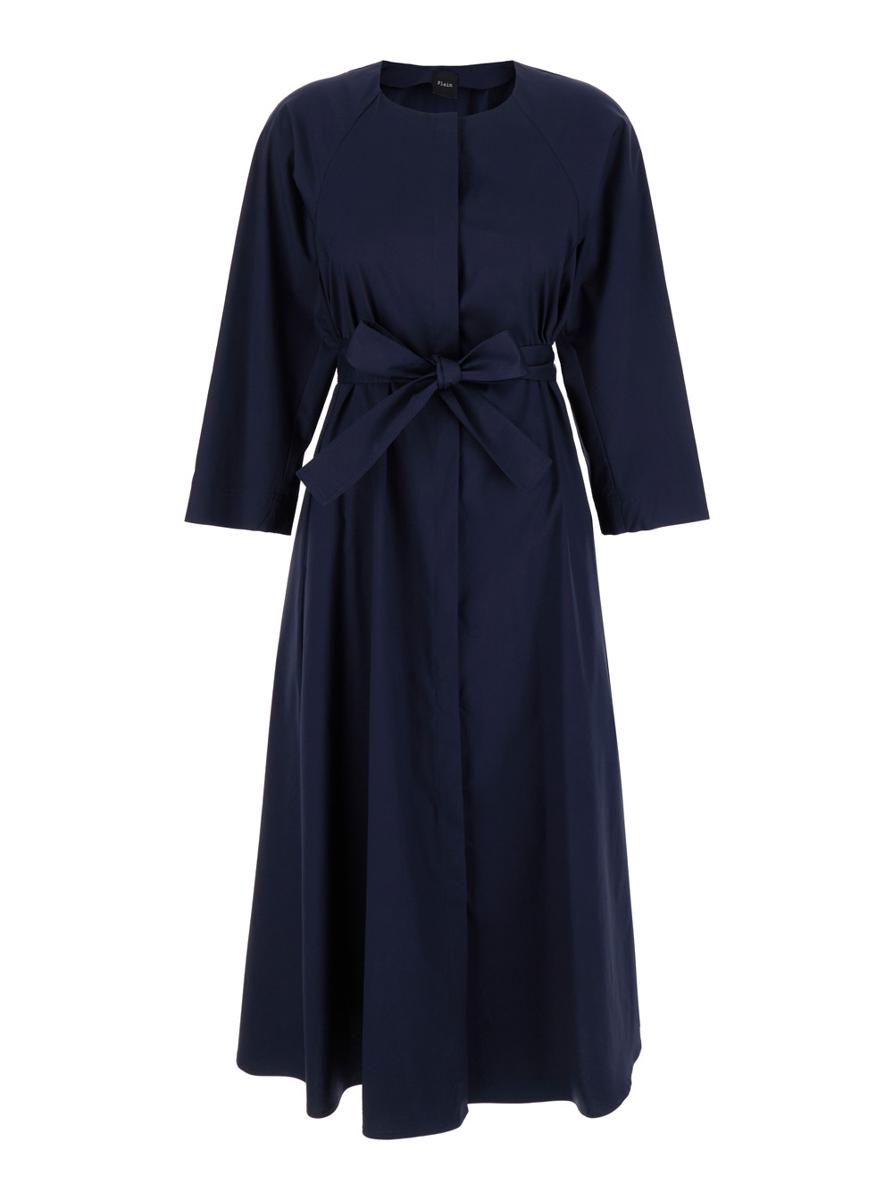 Long Blue Dress With Belt In Fabric Woman