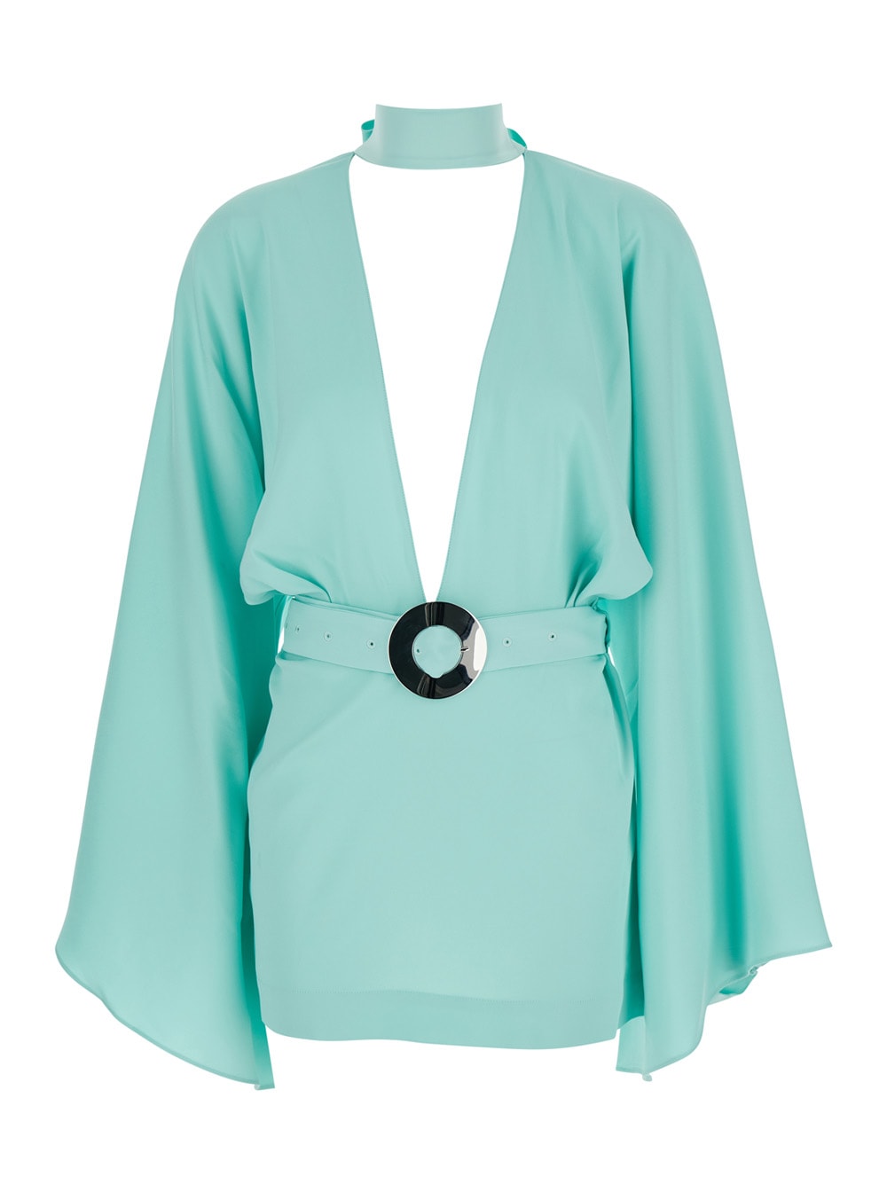 Taller Marmo florida Light Blue Mini Dress With Adjustable Belt On The Front And Maxi Bow On The Rear In Tech Fabric Woman