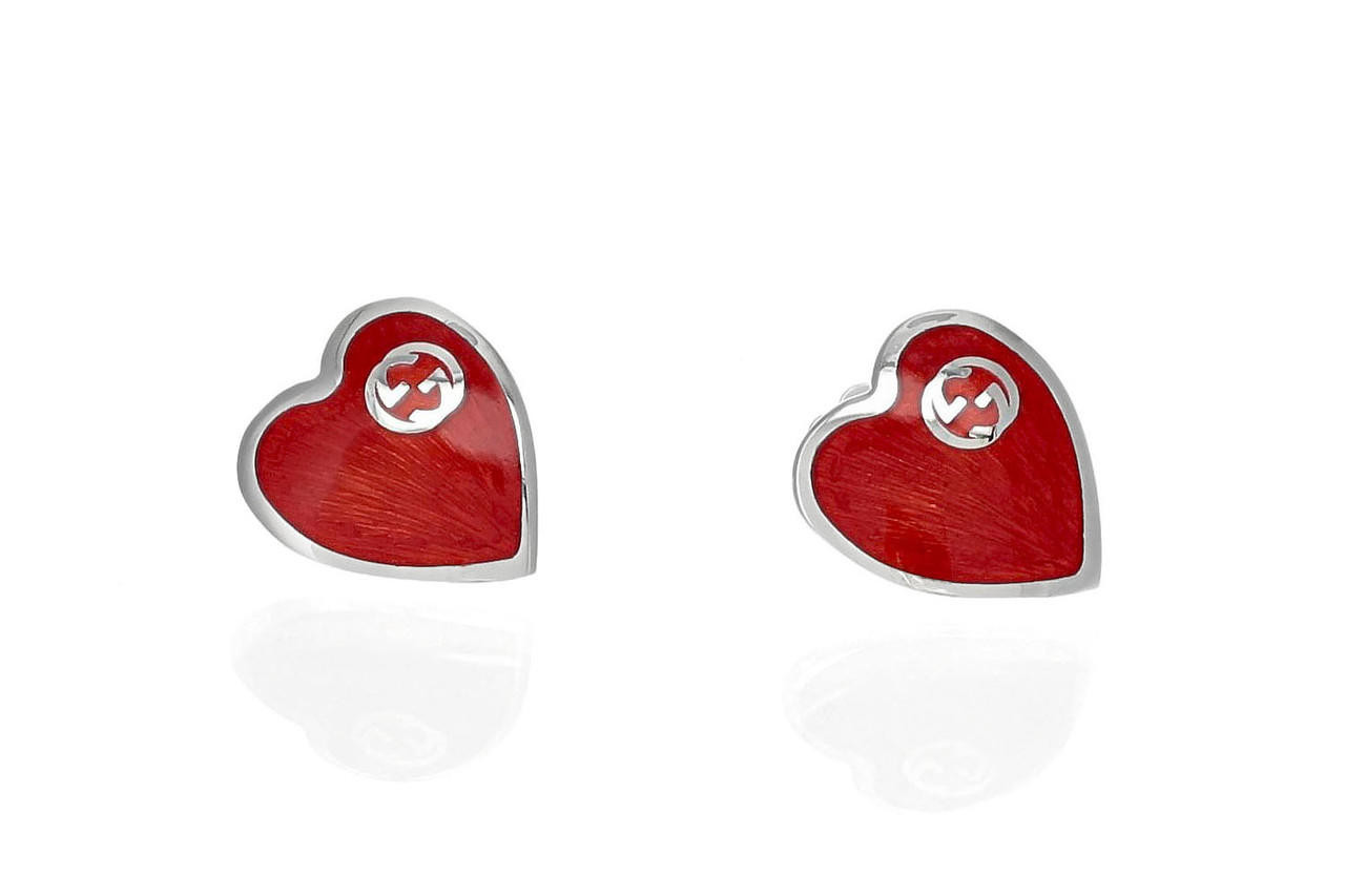 GUCCI Interlocking G Red Enamel Heart Earrings YBD64554700100U