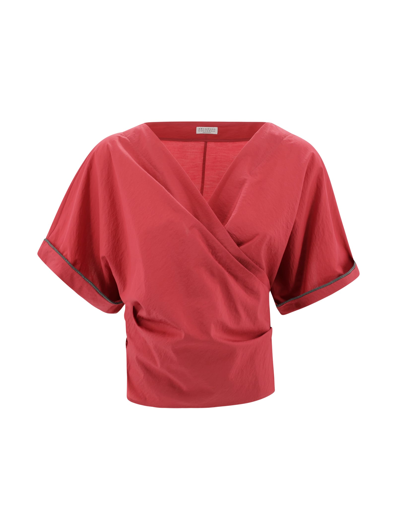 Brunello Cucinelli 女士棉质V领红色衬衫（珠饰细节）