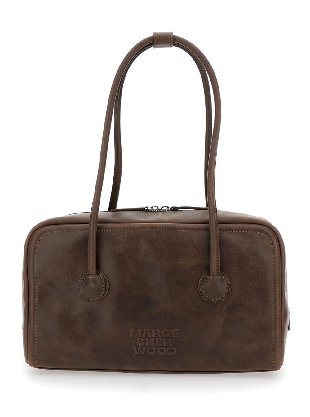 Marge Sherwood soft Boston Brown Shoulder Bag With Embossed Logo Lettering On The Front And Two Top Handles In Leather Woman
