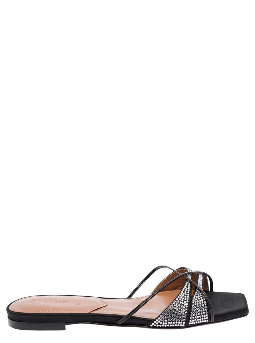'Lust' Black Flat Sandals With Criss-Cross Straps With Rhinestone In Satin Woman