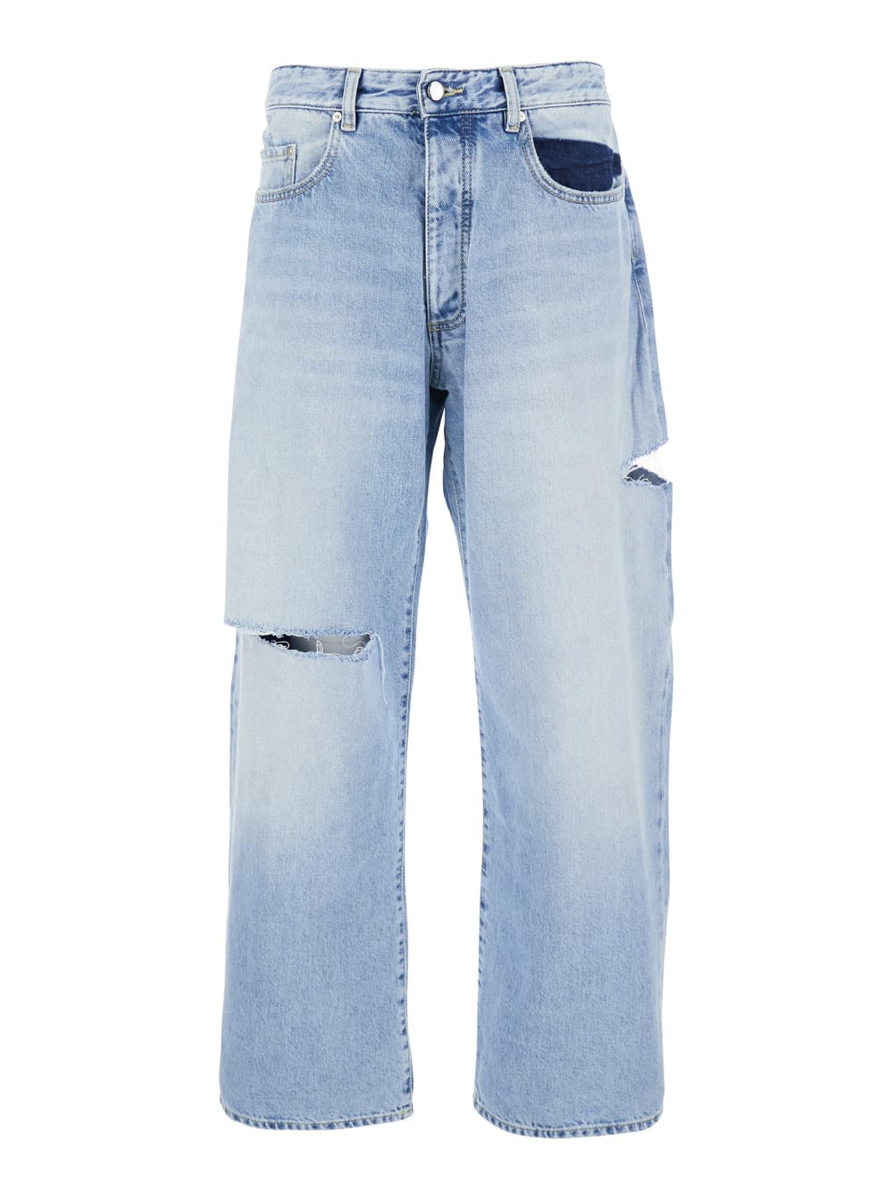 Icon Denim 浅蓝色男士阔腿牛仔裤 前幅挖剪设计