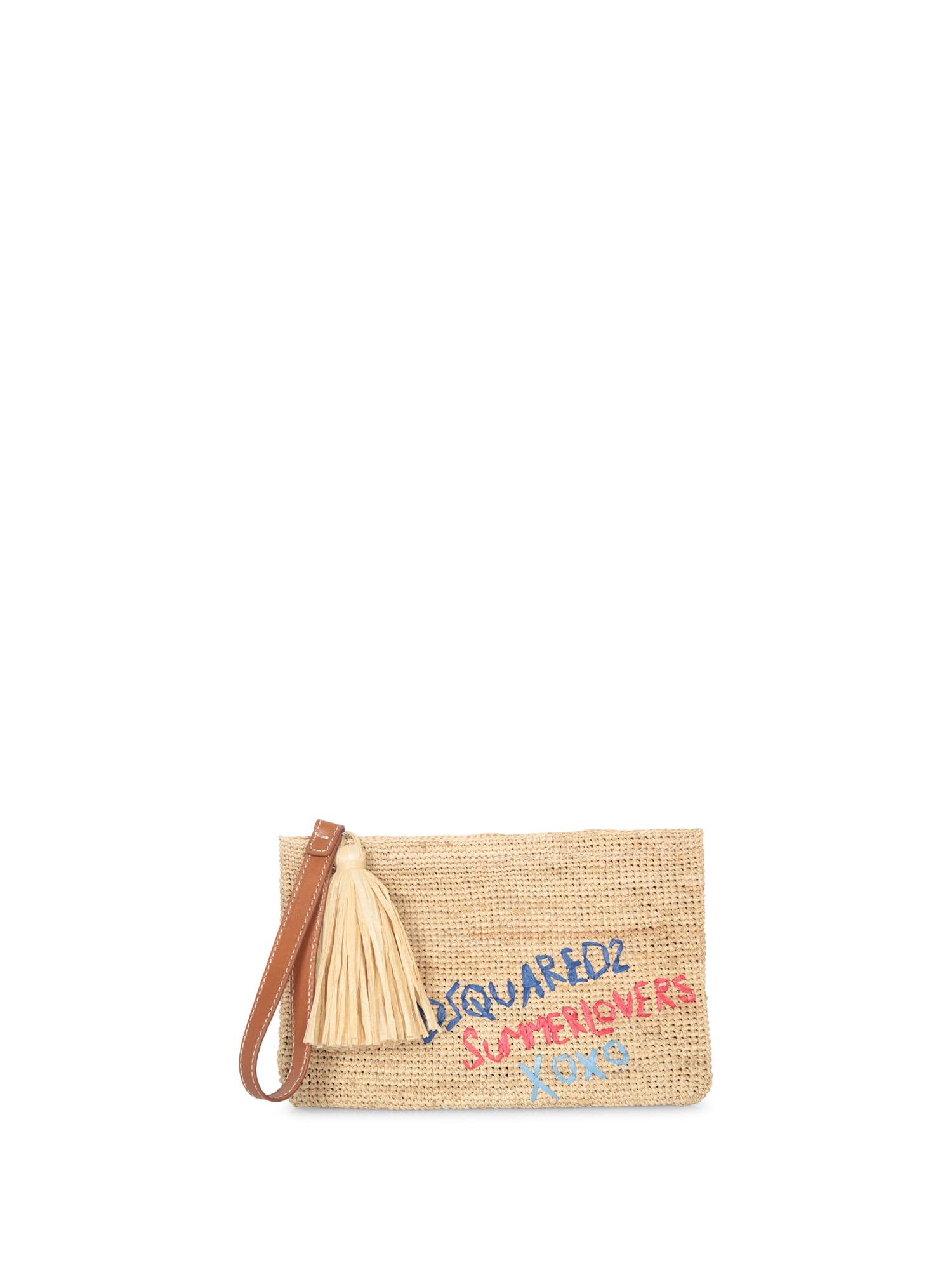 Dsquared2裸色拉菲草logo小袋