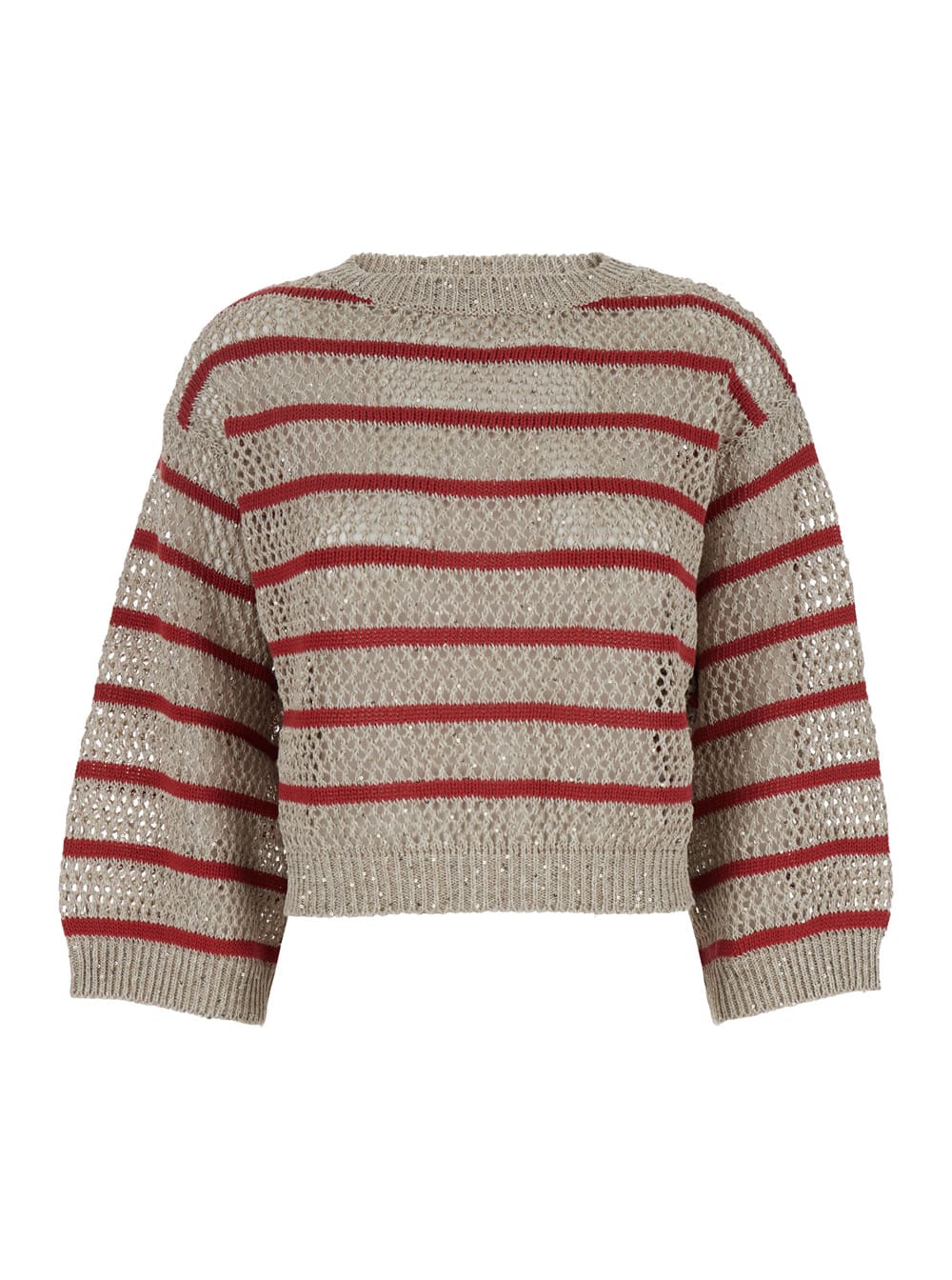 Brunello Cucinelli 耀眼米色条纹女士镂空亚麻毛衣