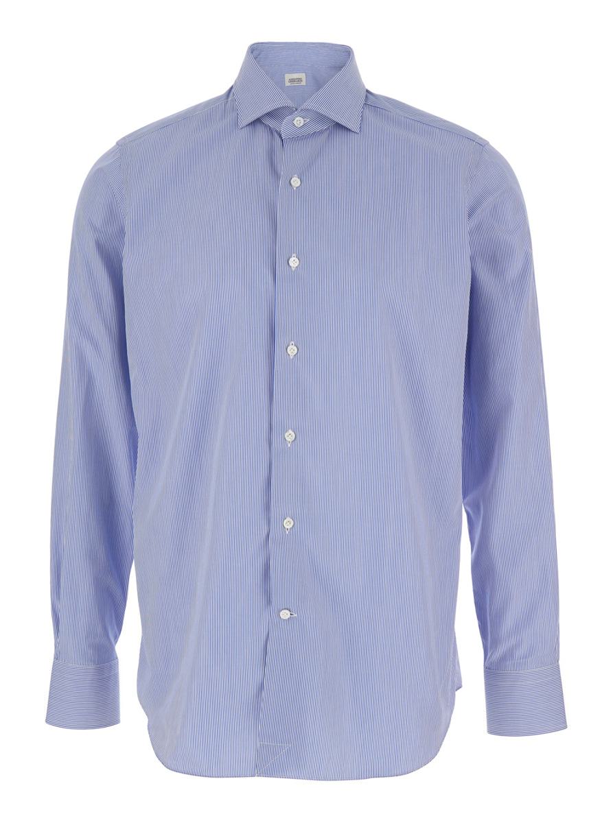 Blue Shirt With Classic Collar And All-Over Striped Motif In Cotton Man