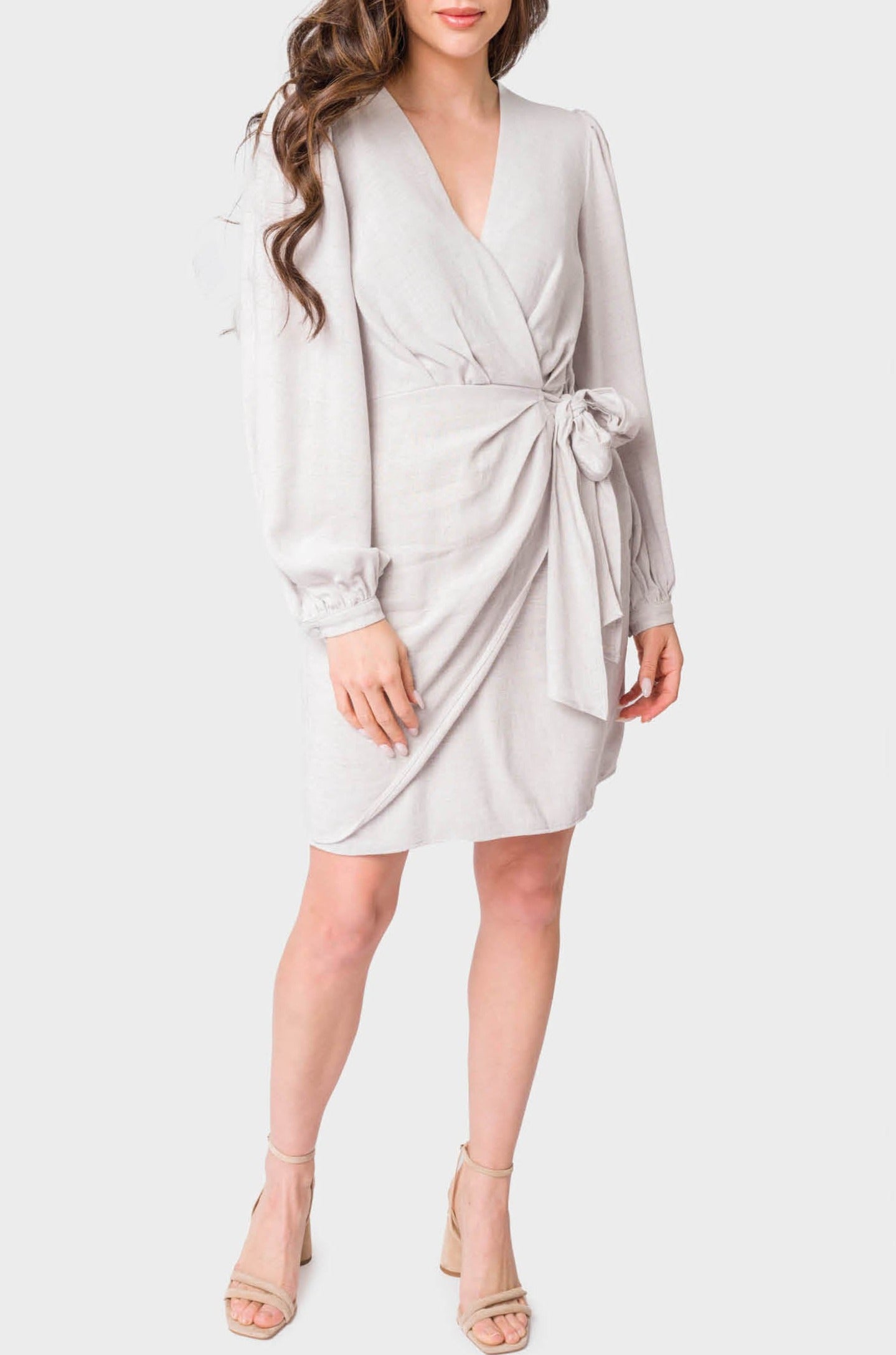 Blouson Sleeve Wrap Linen Dress - Silver XXS