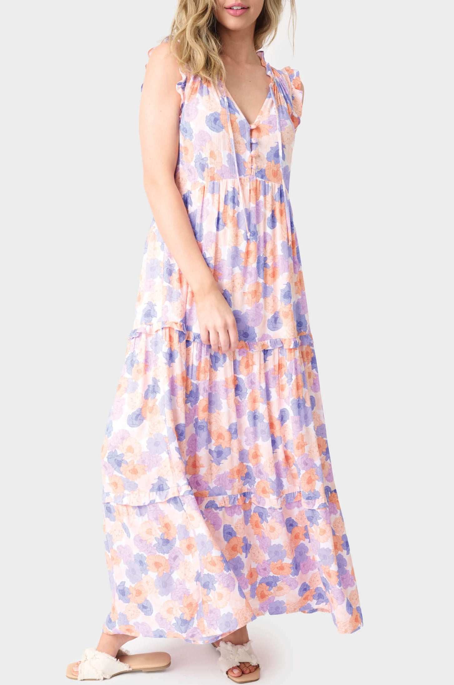 Sleeveless V-Neck Tiered Maxi Dress - Poppy Print XS