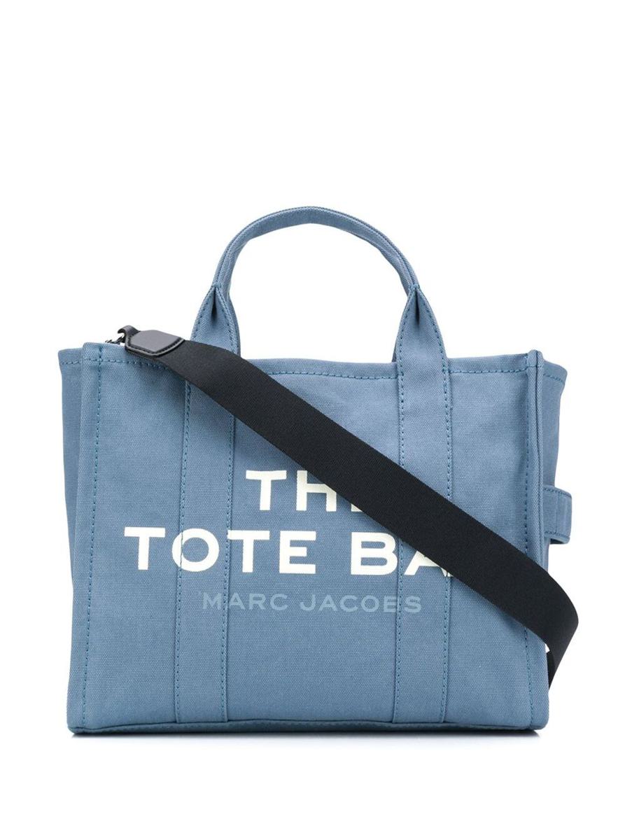 Light Blue Canvas Traveler Tote Handbag With Logo Print