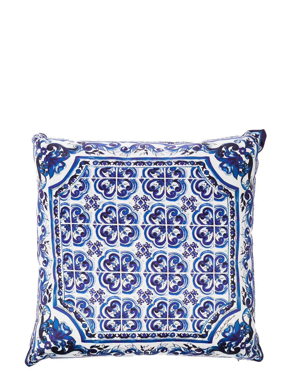 Blue And White Small Cushion With Blue Mediterranean Print In Duchesse Cotton Dolce & Gabbana