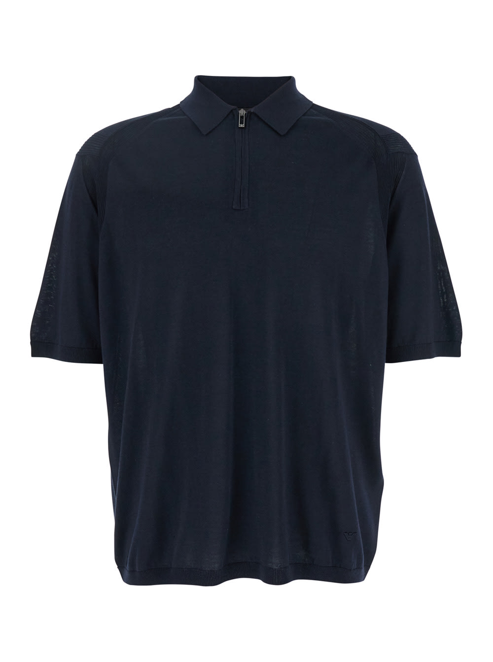 Emporio Armani Blue Polo Shirt With Zip Closure And Tonal Logo Embroidery On The Front In Cotton Blend Man