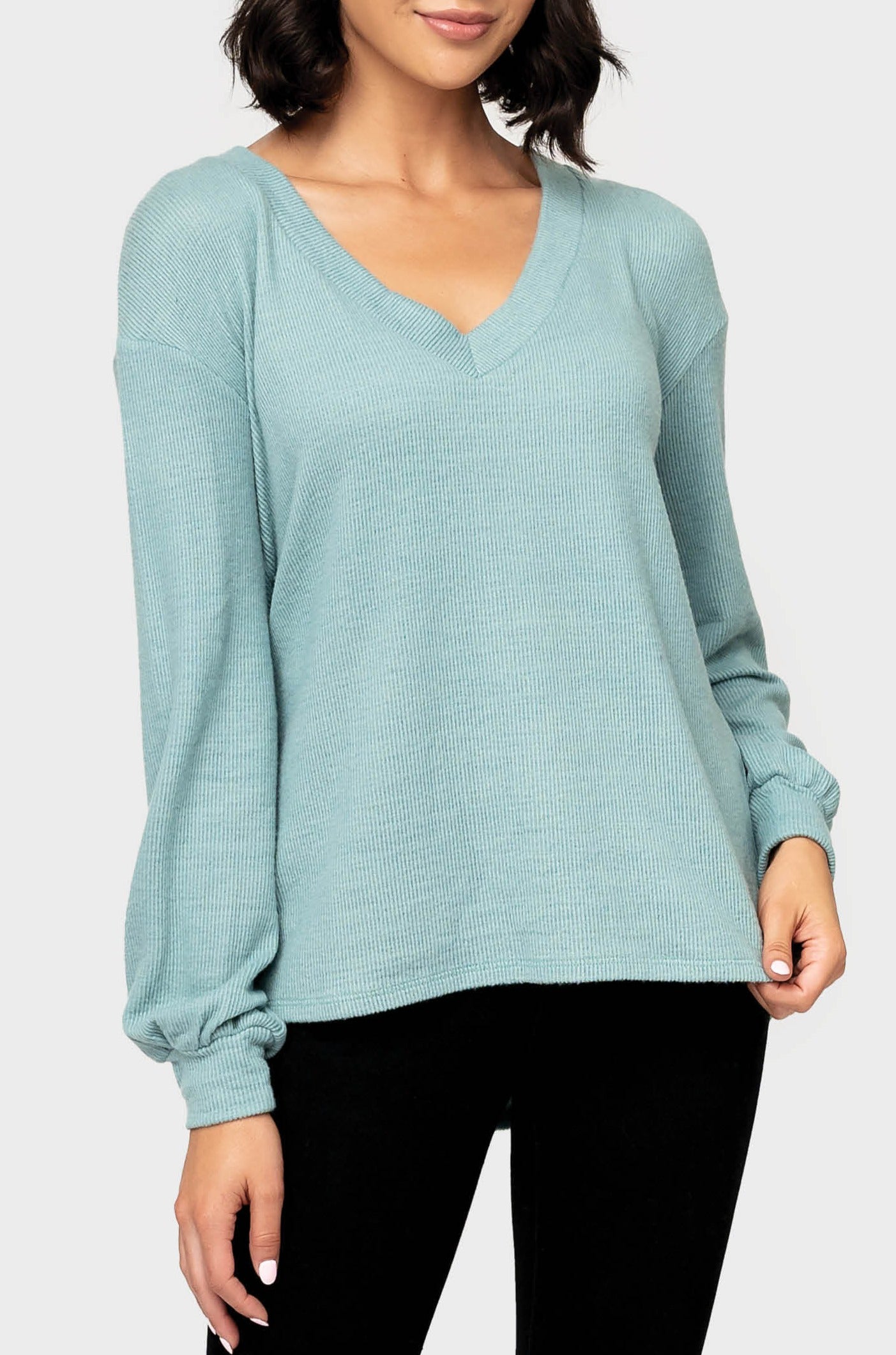 Blouson Sleeve Ribbed Cozy Knit Tie Back Top - Aquifer XS