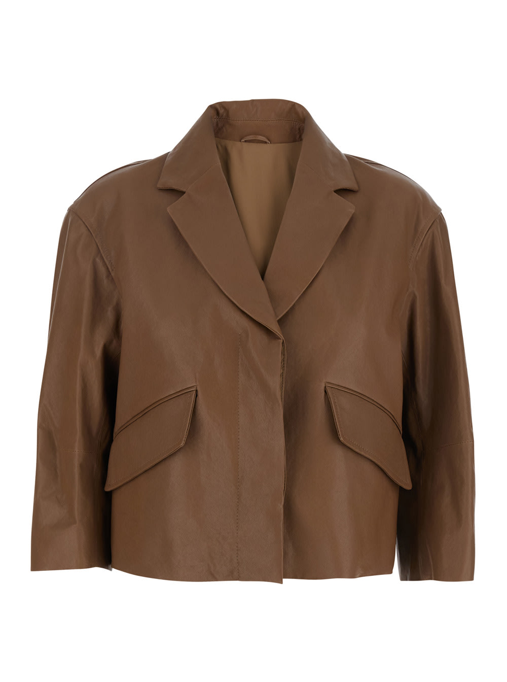 Brunello Cucinelli Brown Crop Jacket With Classic Lapels And Three-quarter Sleeves In Leather Woman