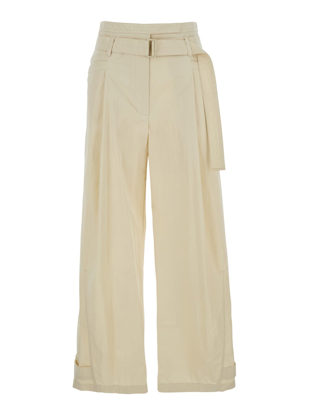 Low Classic Beige Pants With Double Belt And Pleated Details In Cotton Blend Woman