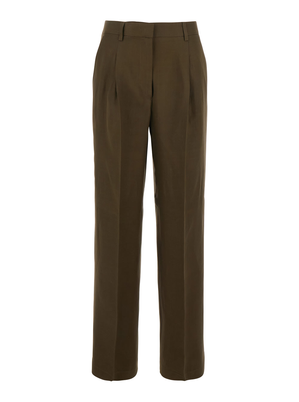 Pinko Green Pants With Belt Loops And Pleats In Viscose And Linen Blend Woman