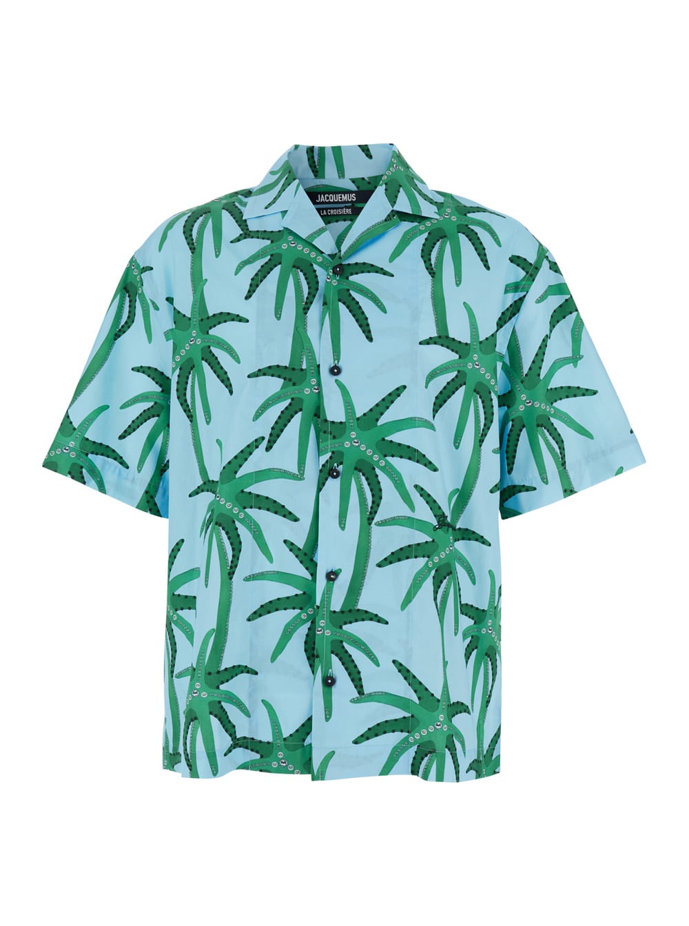 Jacquemus la Chemise Jean Light Blue Shirt With Notched Collar And All-over Palm Tree Print In Cotton Man