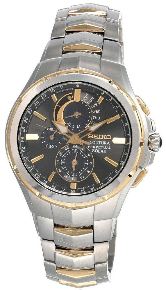 Seiko Perpetual Solar Alarm Chrono Black Dial Two-Tone SS Men's Watch SSC376