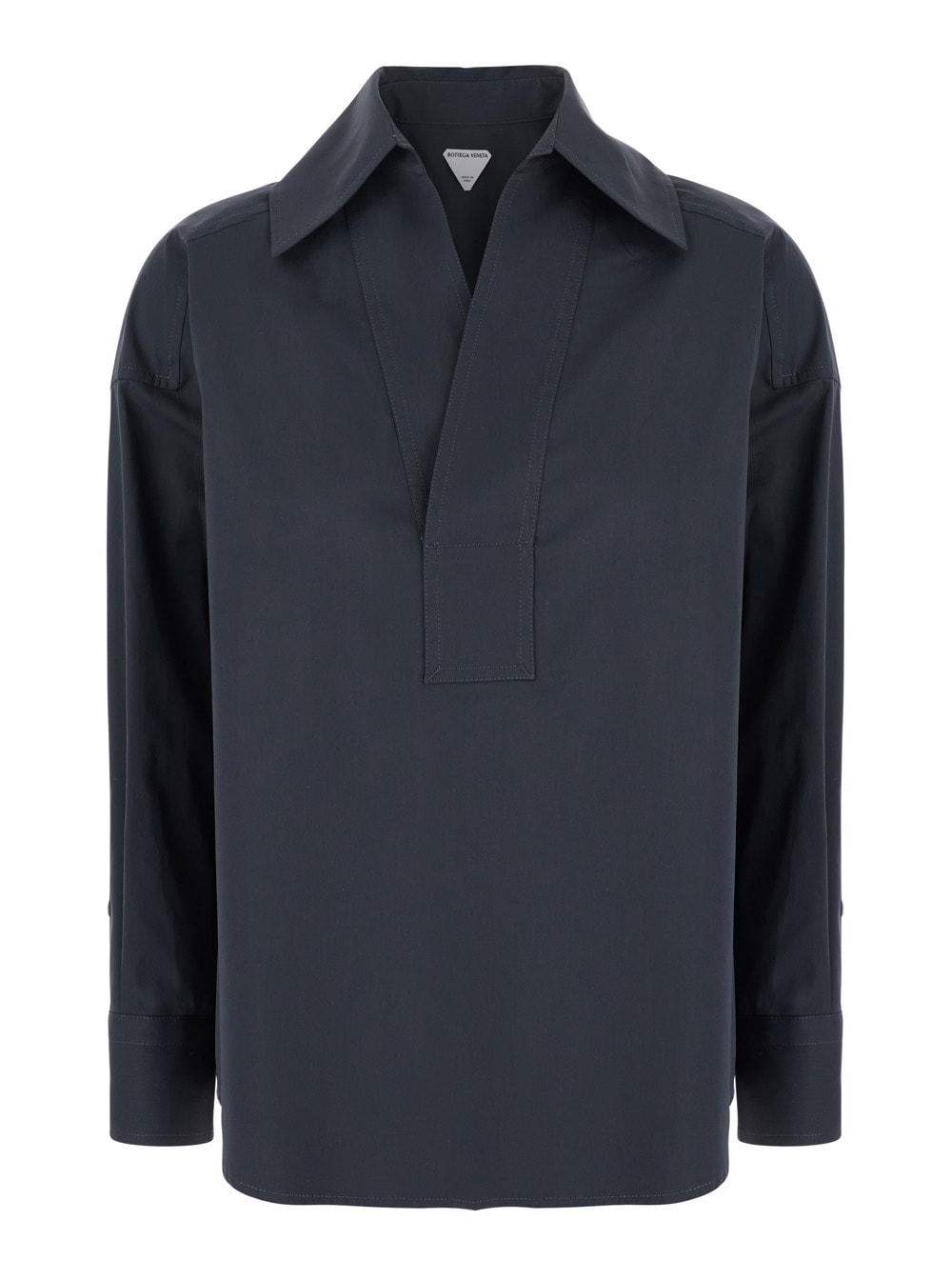 Bottega Veneta 灰色棉质府绸胸前深V领长袖女士衬衫