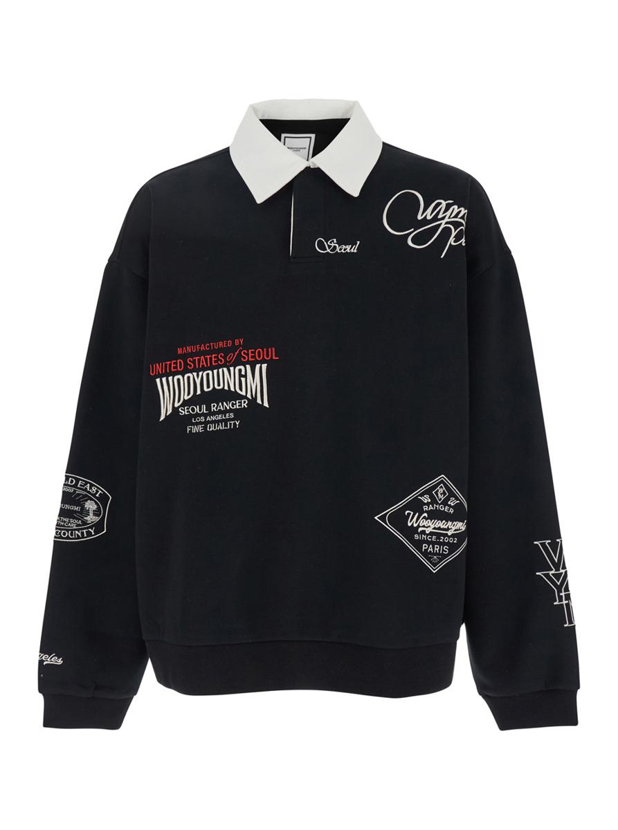 Black Polo Shirt With Classic Collar And Prints On The Front In Cotton Blend Man