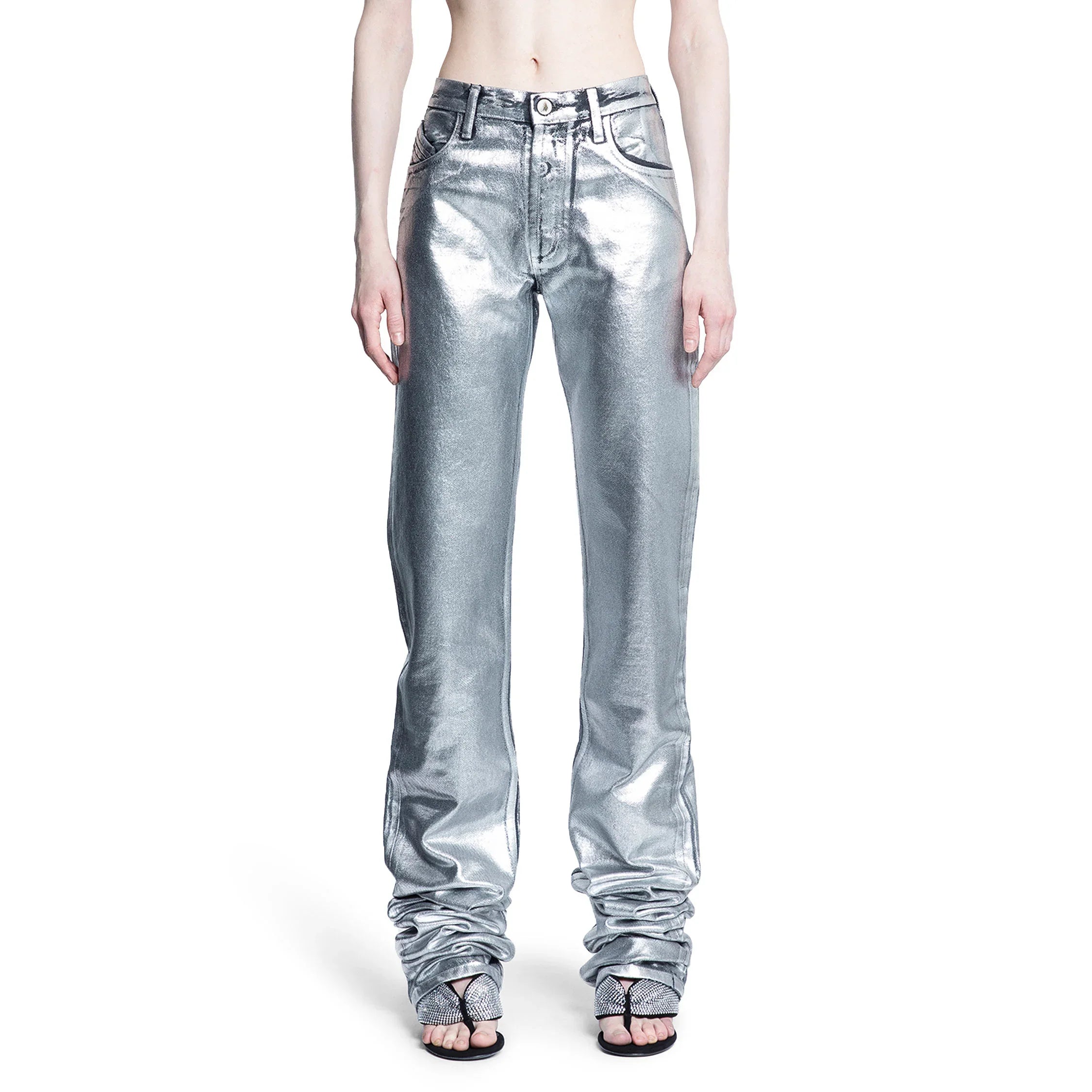 Shiny Coated Denim Long Jeans