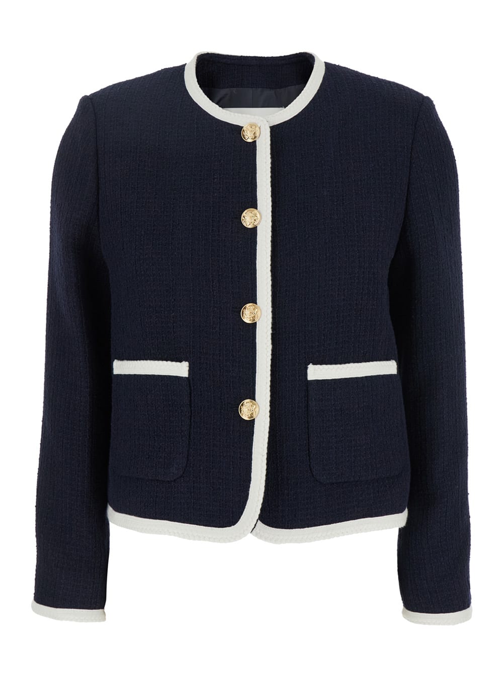 Dunst Blue Jacket With Round Neck And Front Jewel Button Cllosure In Cotton Blend Woman