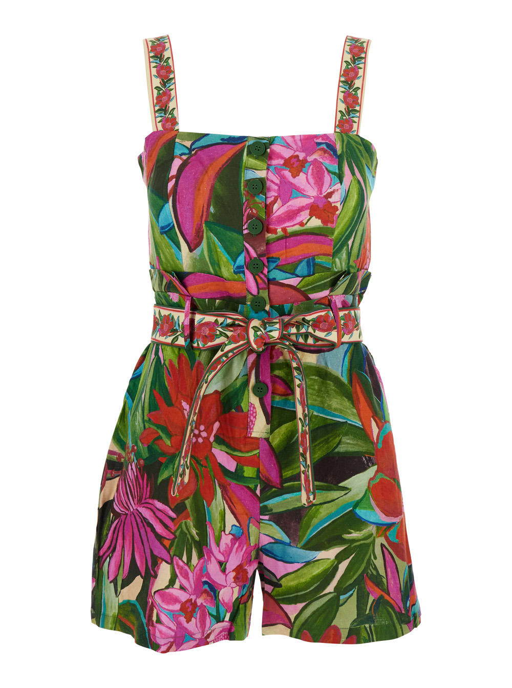 Farm Rio jardin De Reve Multicolor Jumpsuit With Waist Waist Belt And All-over Floral Print In Linen Blend Woman