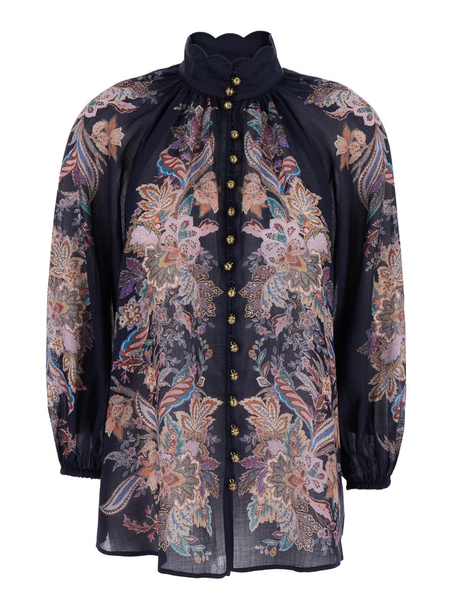 'Rhiannon Billow' Blue Blouse With High Neck And All-Over Paisley Print In Ramie Woman