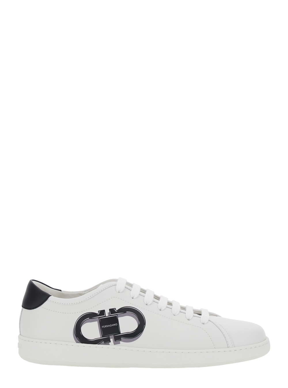 Ferragamo White Sneakers With Gancini Print On The Side And Contrasting Heel In Leather Man