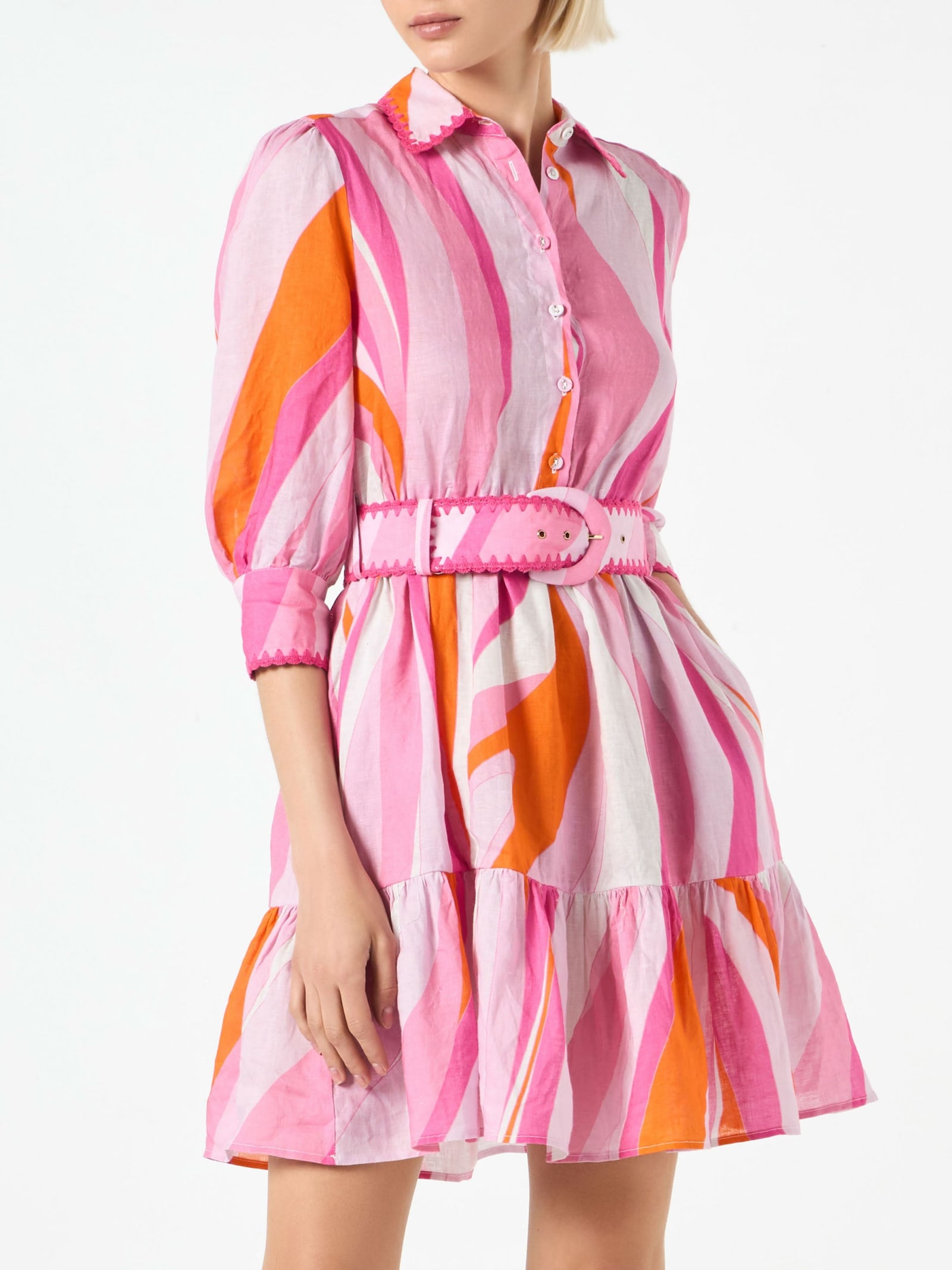 MC2 Saint Barth Shape Wave Print Linen Short Dress Daisi
