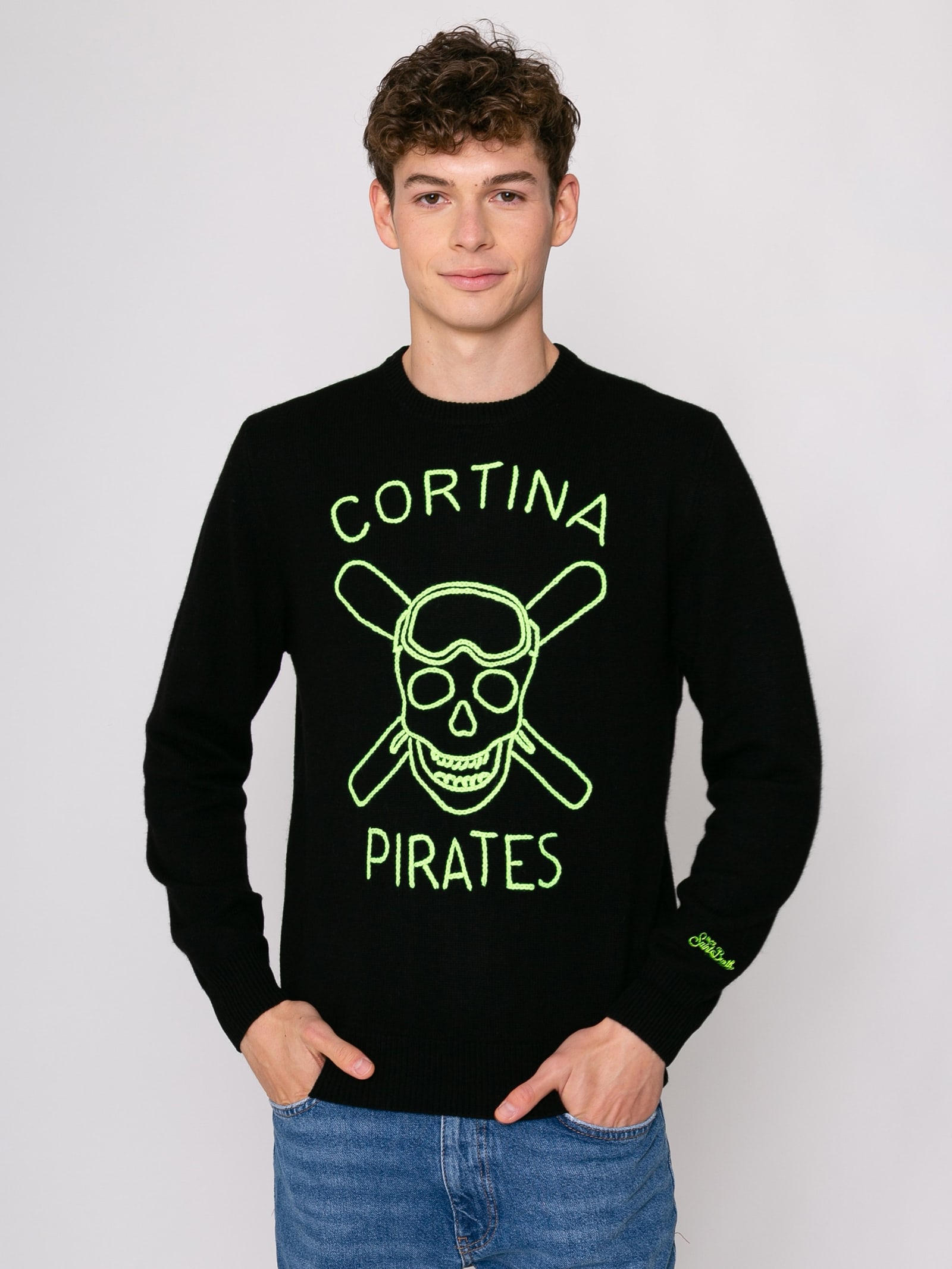 MC2 Saint Barth Black Man Sweater Cortina Pirates Fluo Embroidery