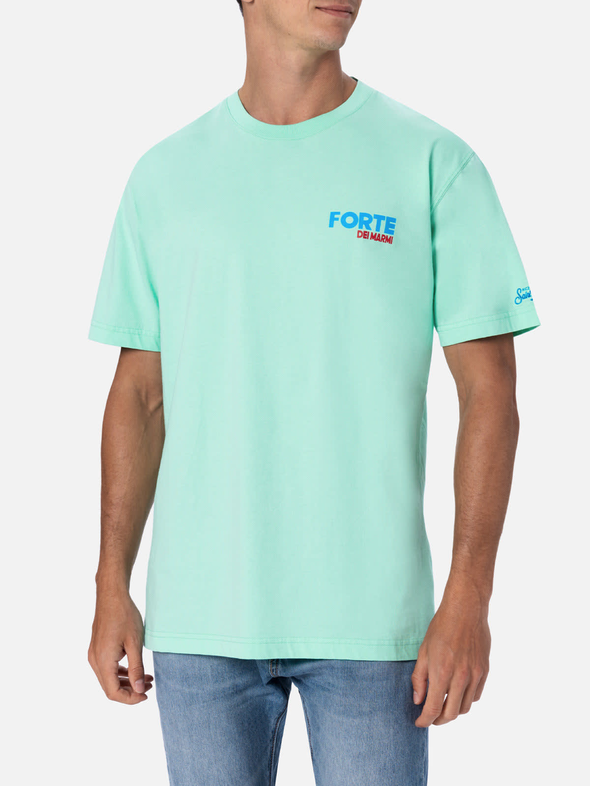 MC2 Saint Barth Man Cotton T-shirt With Forte Dei Marmi Postcard Placed Print