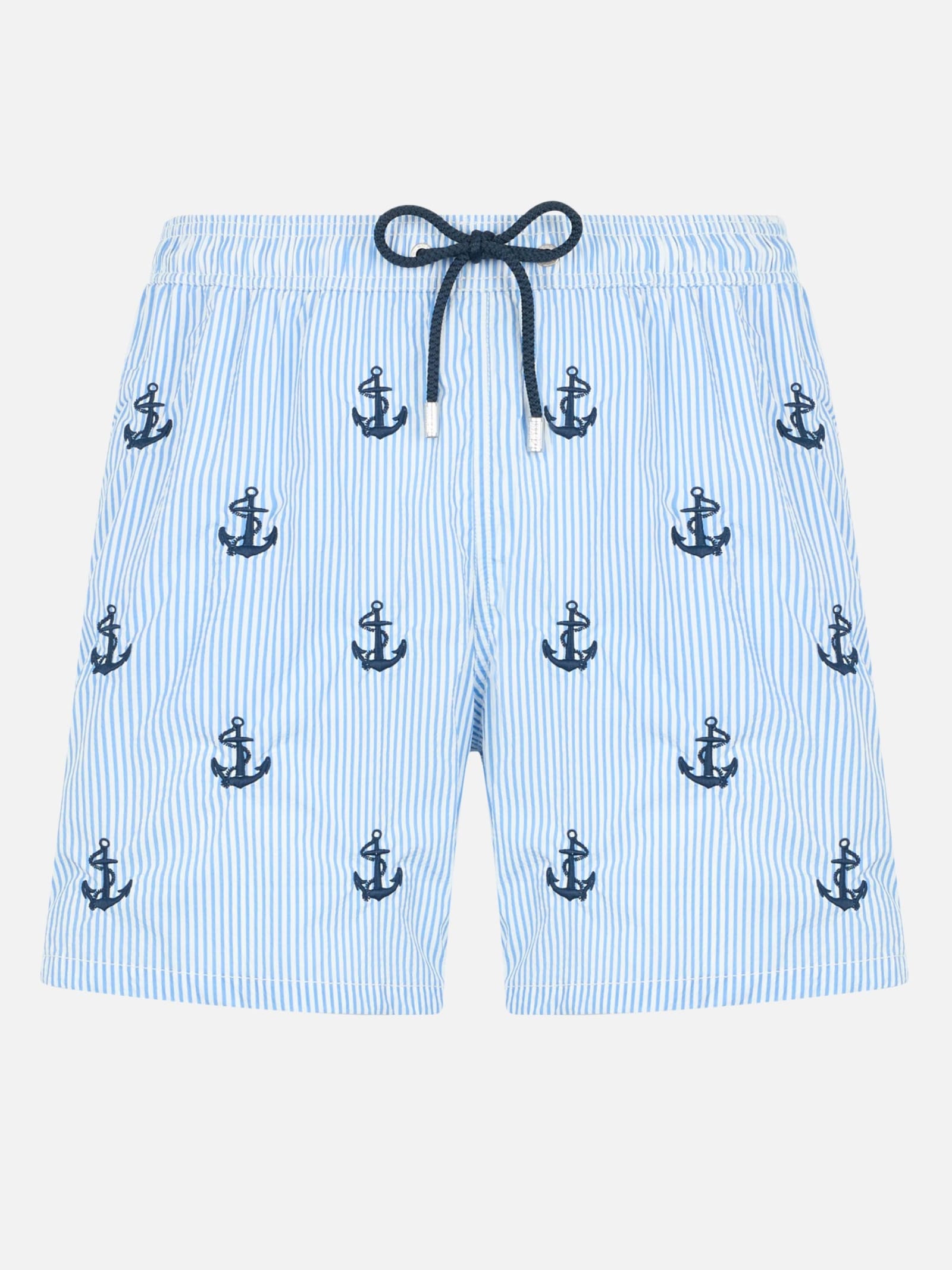 MC2 Saint Barth Man Mid-length Seersucker Gustavia Swim Shorts With Anchors Embroidery