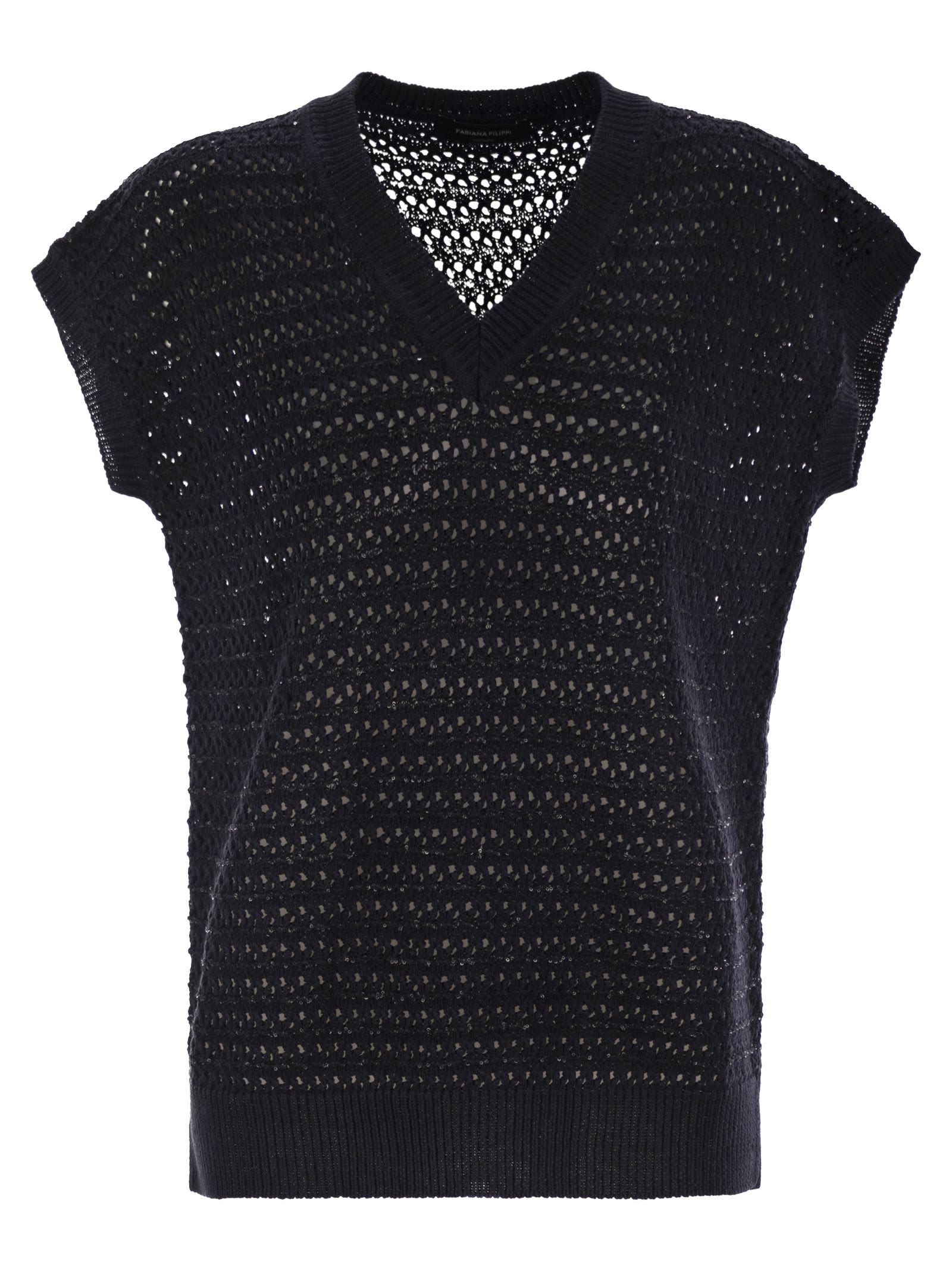 Fabiana Filippi Sequin Striped Crochet V Neck Cape Sleeve Sweater