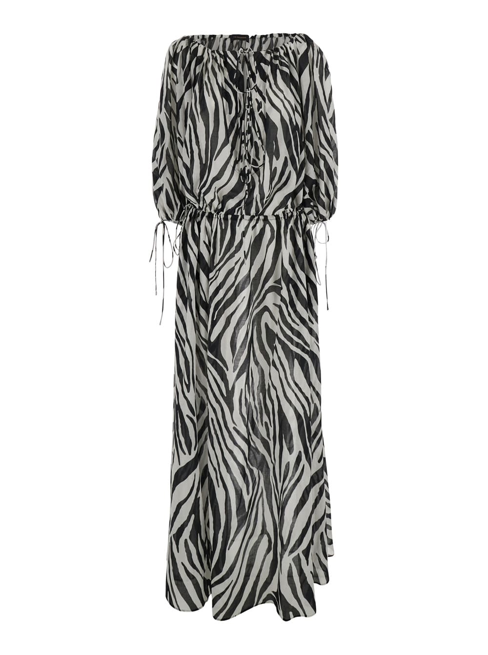 The Andamane wilma Black And White Long Dress With Long Balloon Sleeves And All-over Zebra Print In Cotton Woman