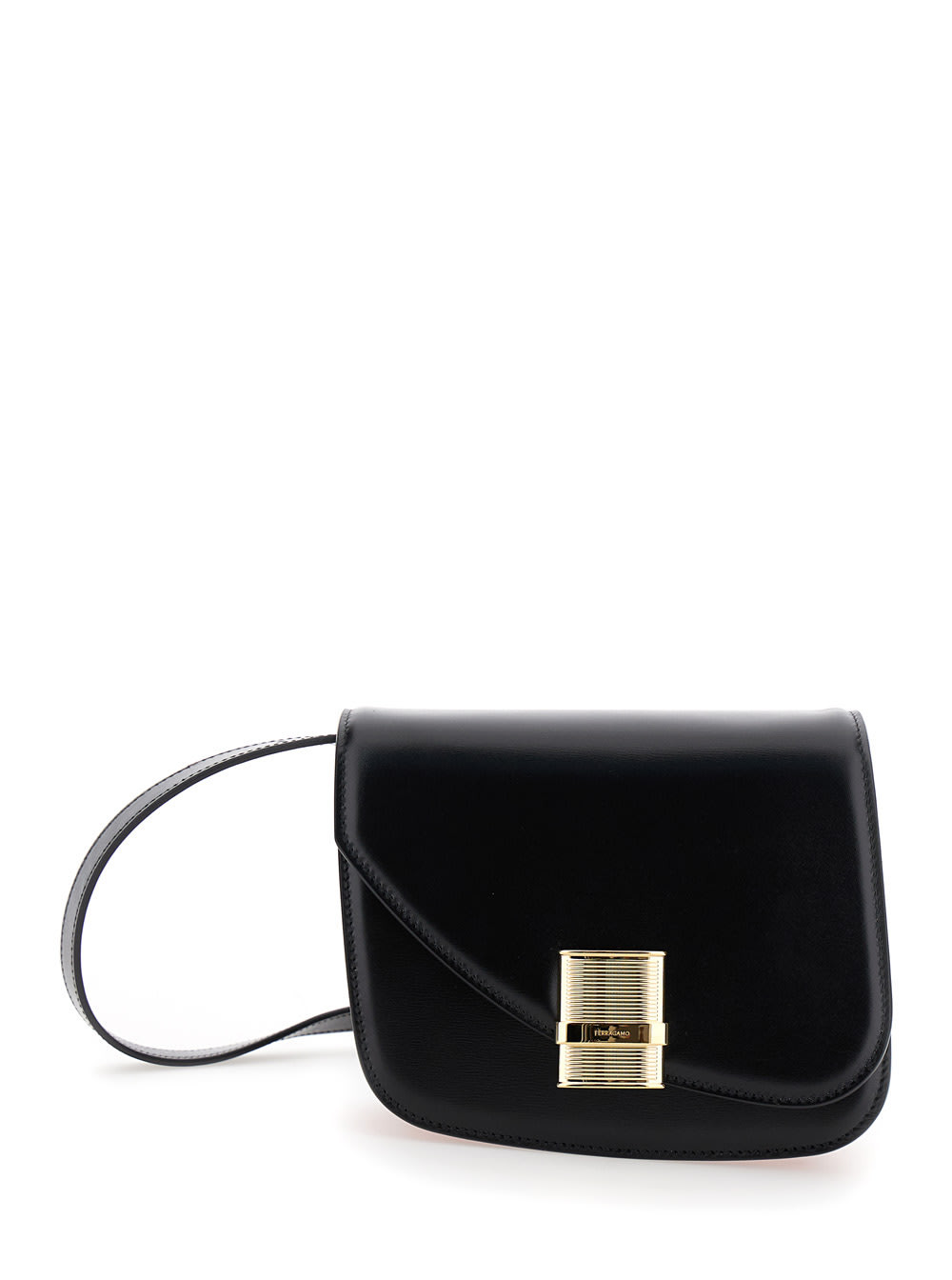 Ferragamo fiamma S Black Asymmetric Crossbody Bag With Logo Detail In Leather Woman
