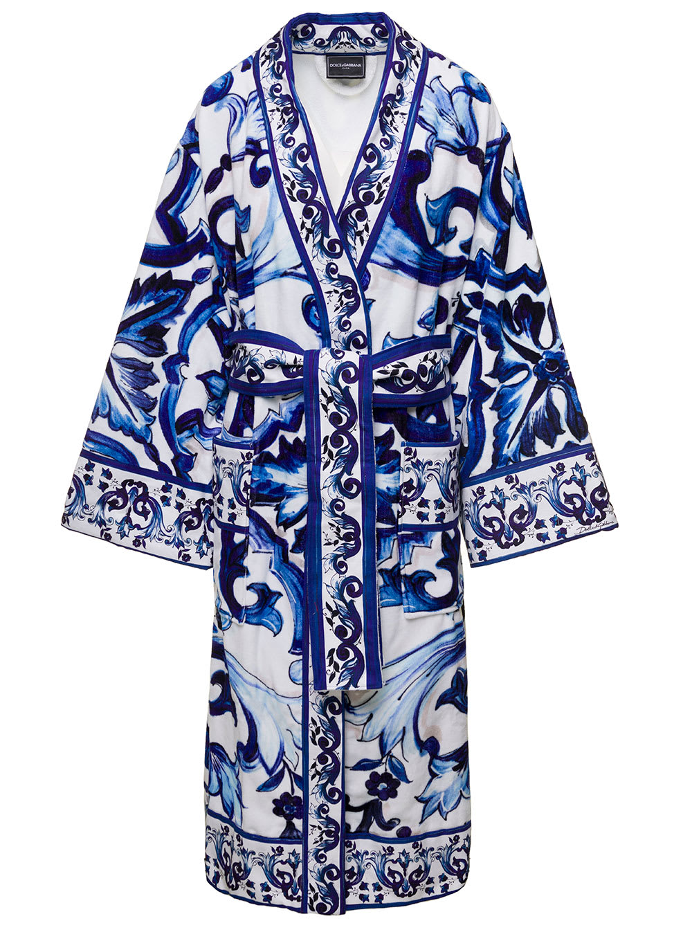 Multicolor Kimono Bathrobe With All-over Blu Mediterraneo Print In Cotton Dolce & Gabbana
