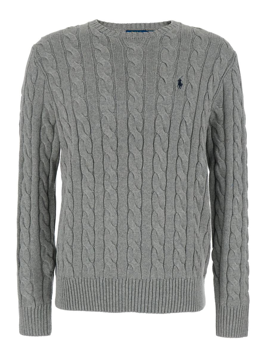 Grey Crewneck Sweater With Pony Embroidery On The Front And Woven Knit In Cotton Man