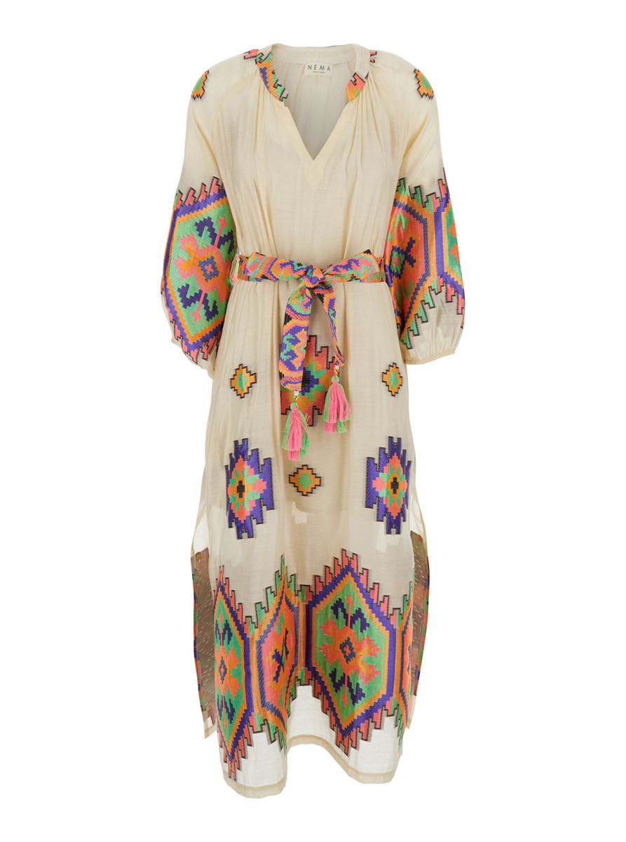 Beige Dress With V-Neck And All-Over Geometric Motifs In Viscose Blend Woman