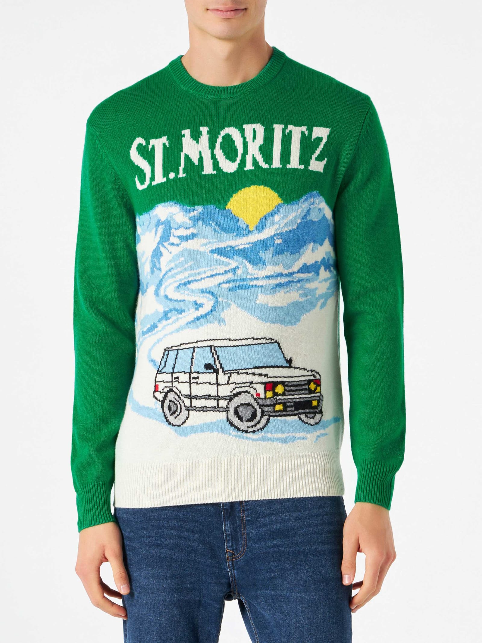 MC2 Saint Barth Man Green Sweater With St. moritz Postcard Print