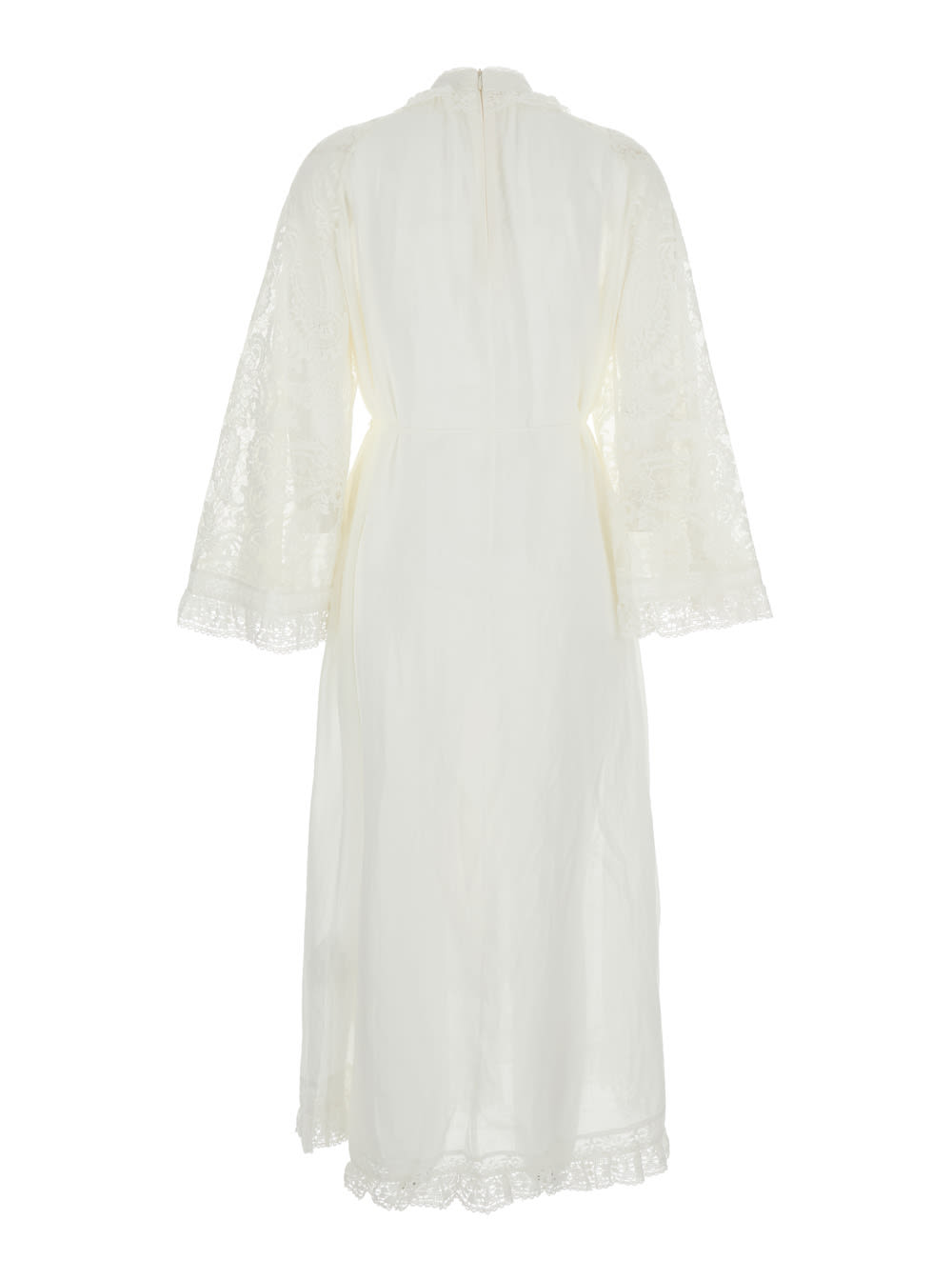 Zimmermann ascension Lace Yoke White Midi Dress With Lace Embellishment And Stand-up Collar In Ramie Woman