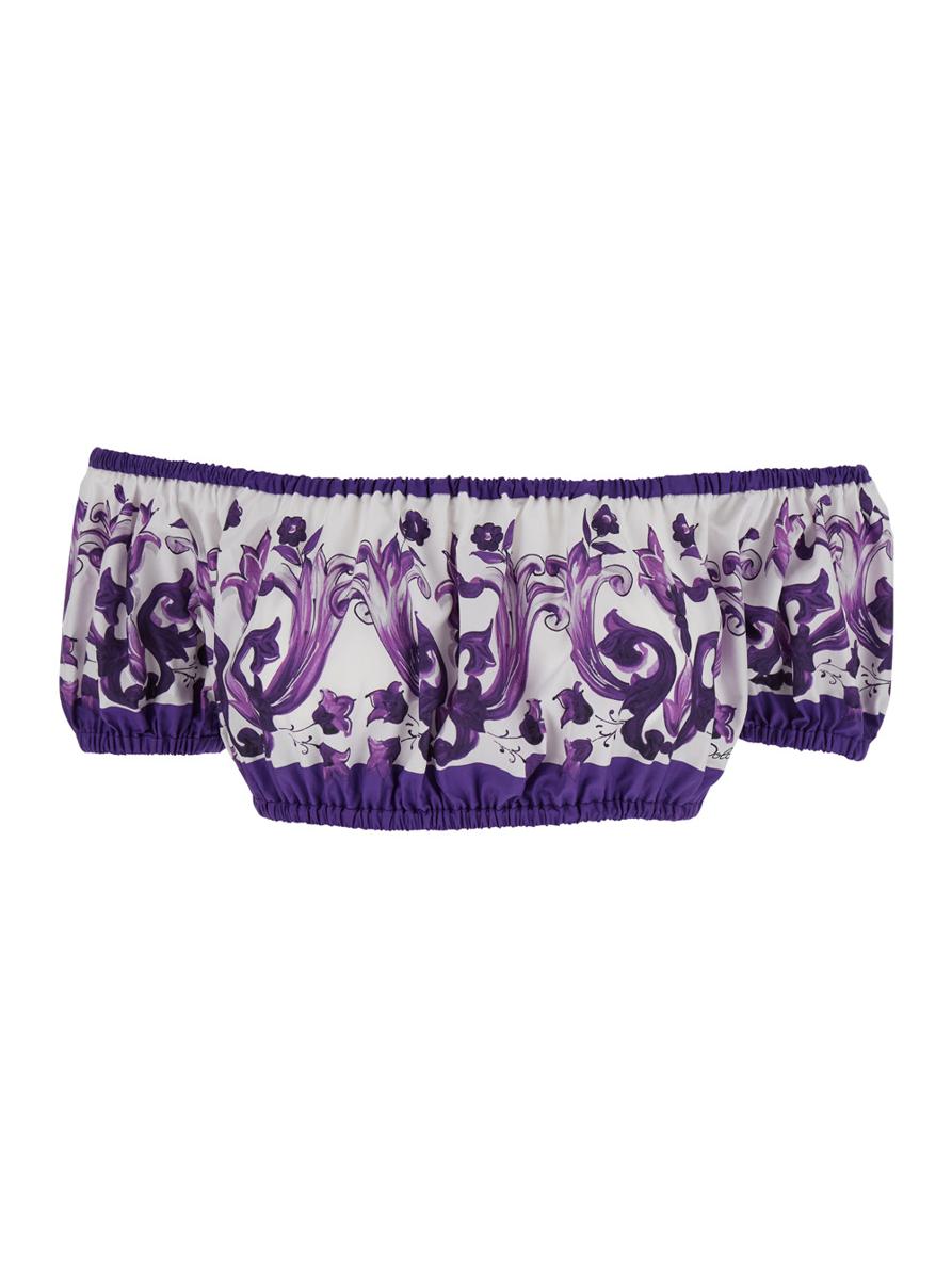 Violet Off-Shoulder Cropped Top With All-Over Floral Print In Cotton Woman