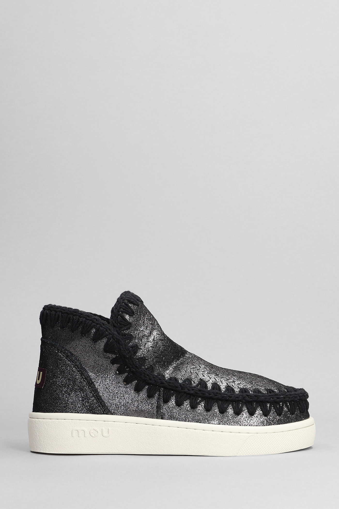 Mou Eskimo Sneaker Low Heels Ankle Boots In Black Glitter