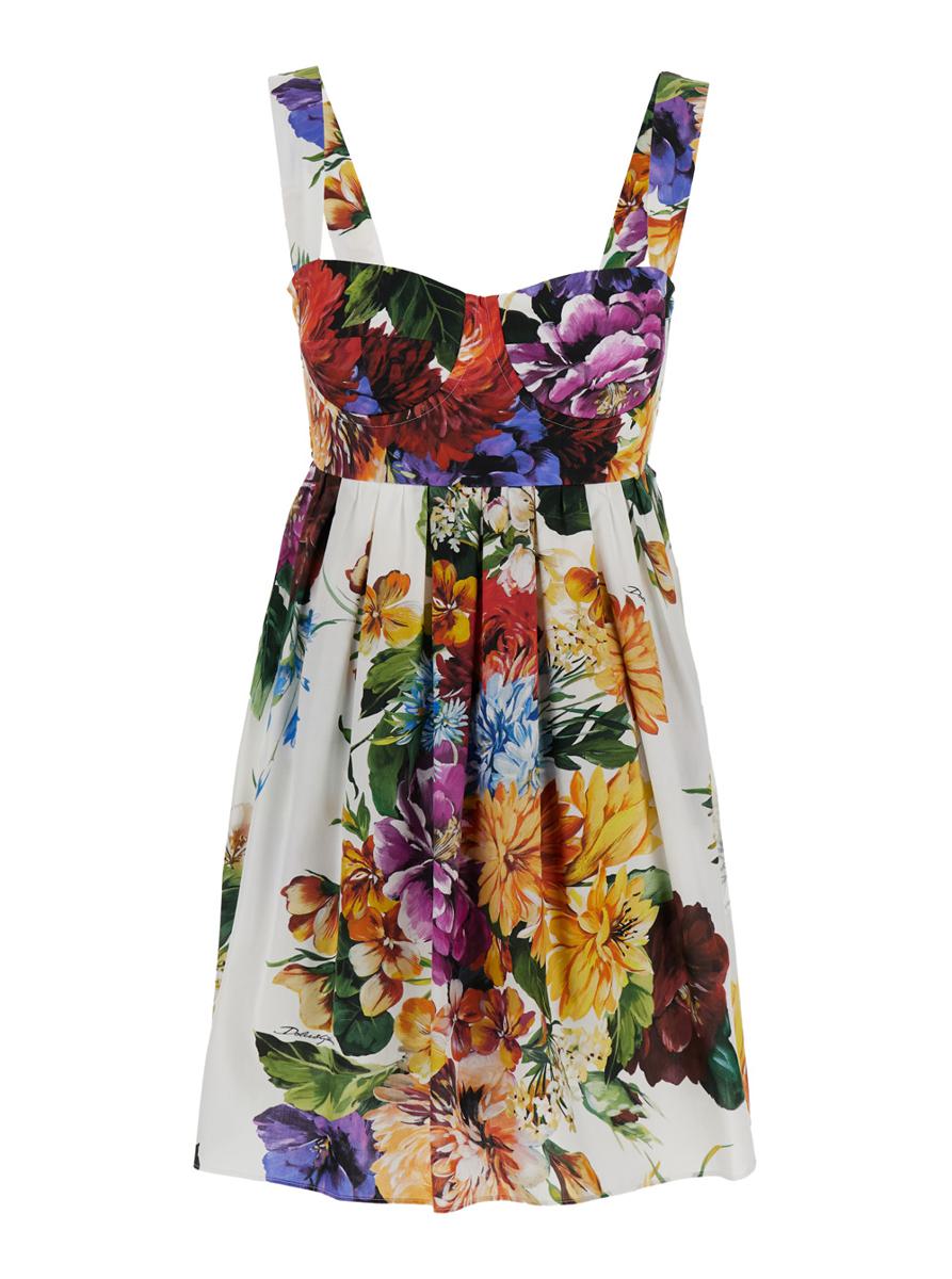 Multicolor Sleeveless Dress With Bustier Style Neckline And All-Over Floral Print In Cotton Woman