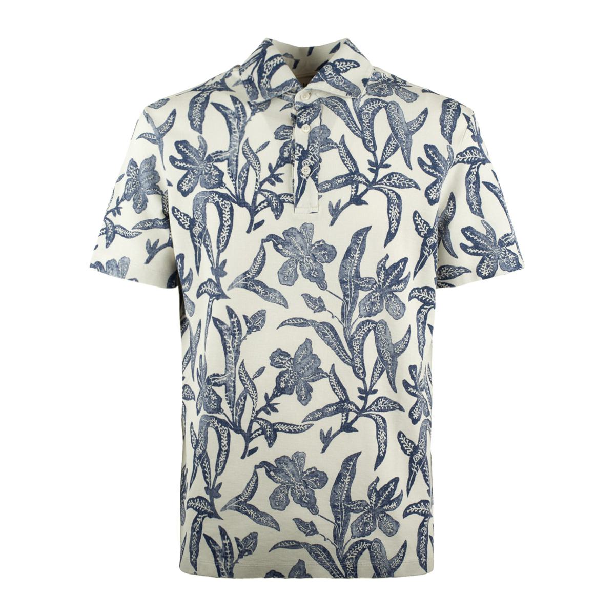 Altea Blue And Beige Pique Floral Print Polo Shirt