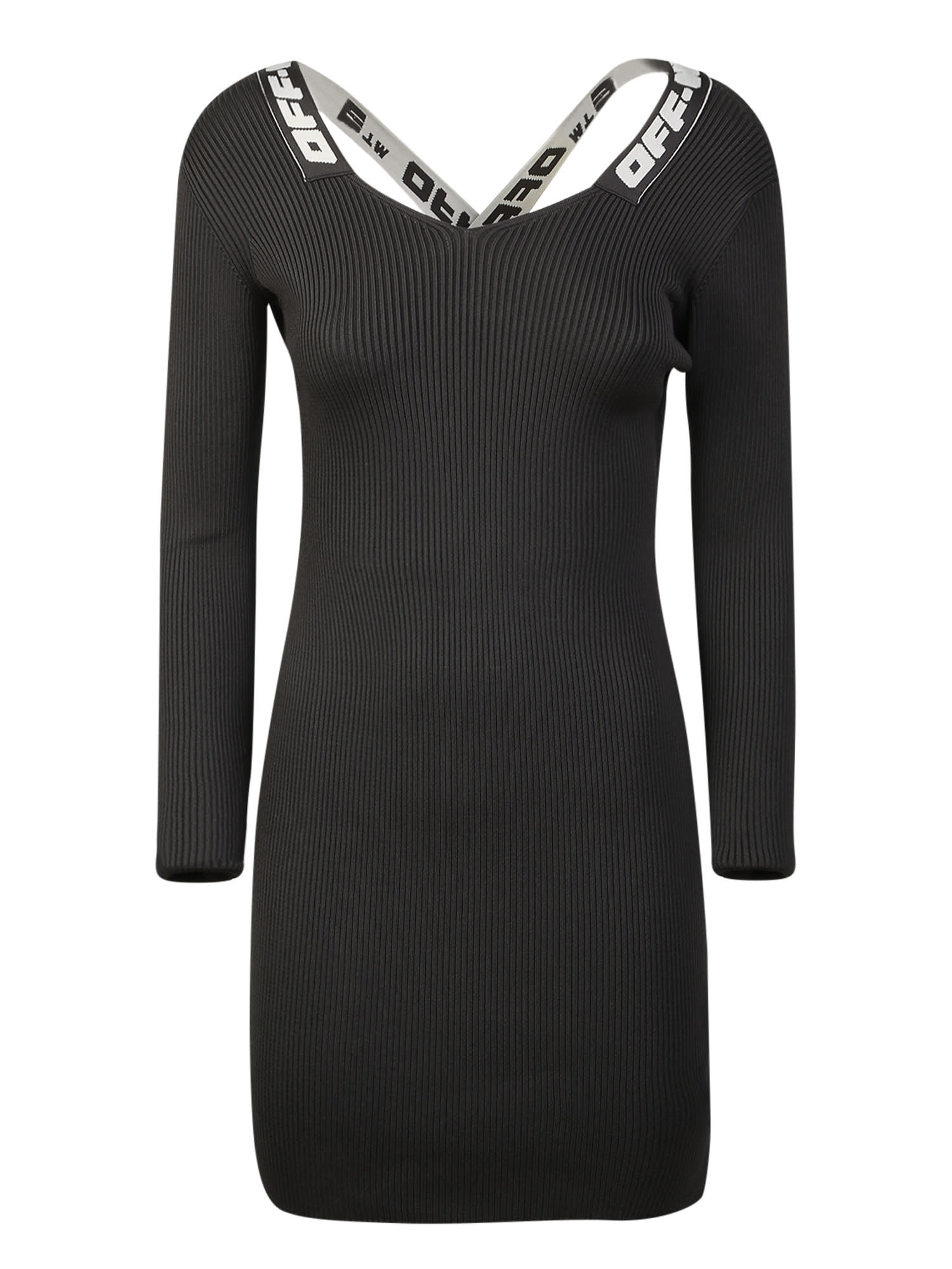 Off-White Ribbed Dress With Crossed Straps Detail Black