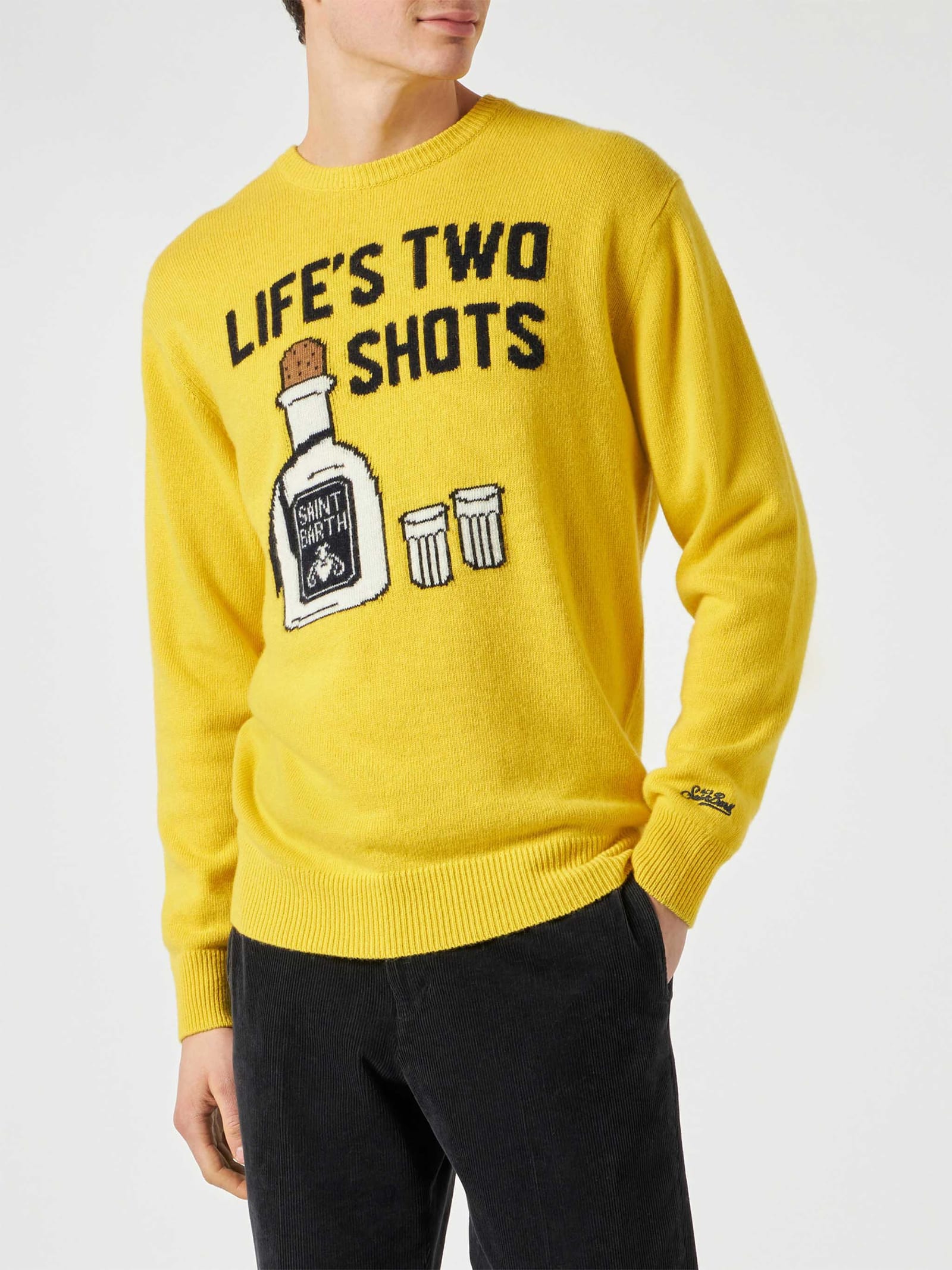 MC2 Saint Barth Man Yellow Sweater With Lifes Two Shots Lettering