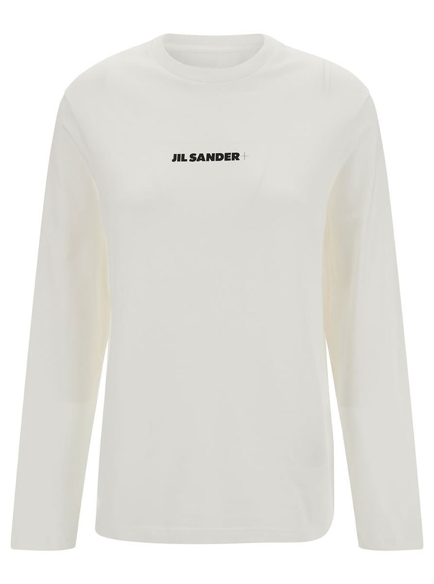 White Long Sleeve T-Shirt With Contrasting Logo Print In Cotton Woman