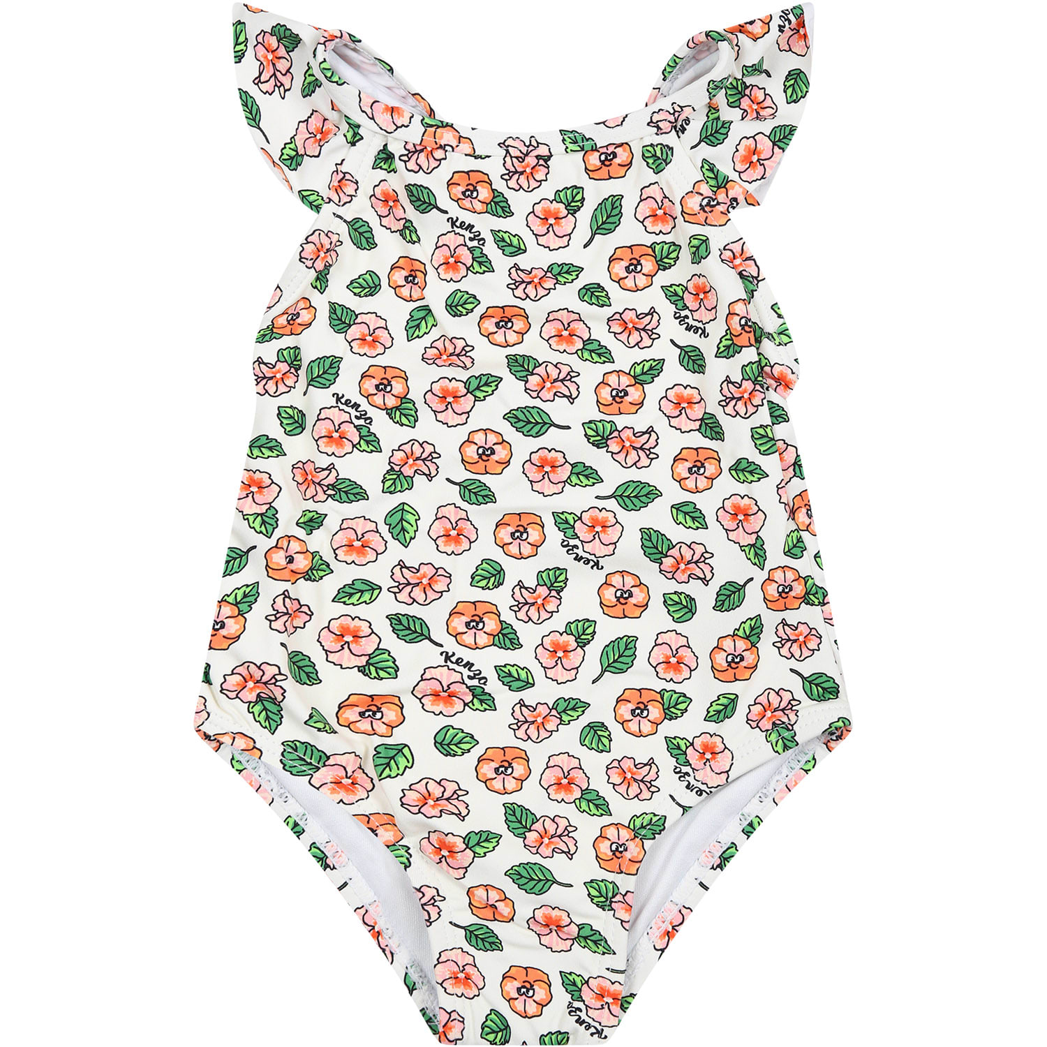 Kenzo Kids White Swimwuit For Baby Girl With Floral Print