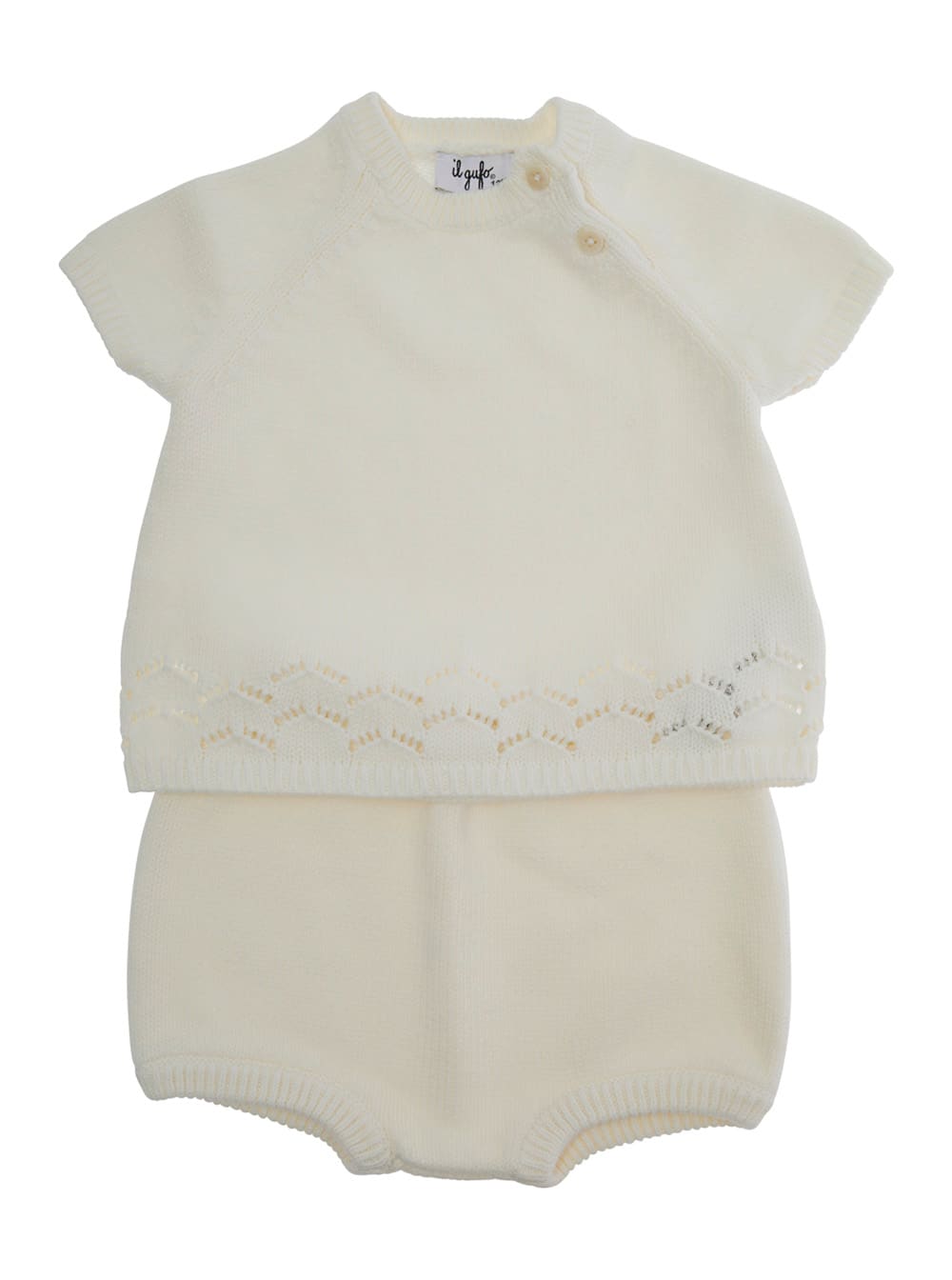 Il Gufo White Set With Crewneck And Front Button Closure And Ribbed Trims In Cotton Baby