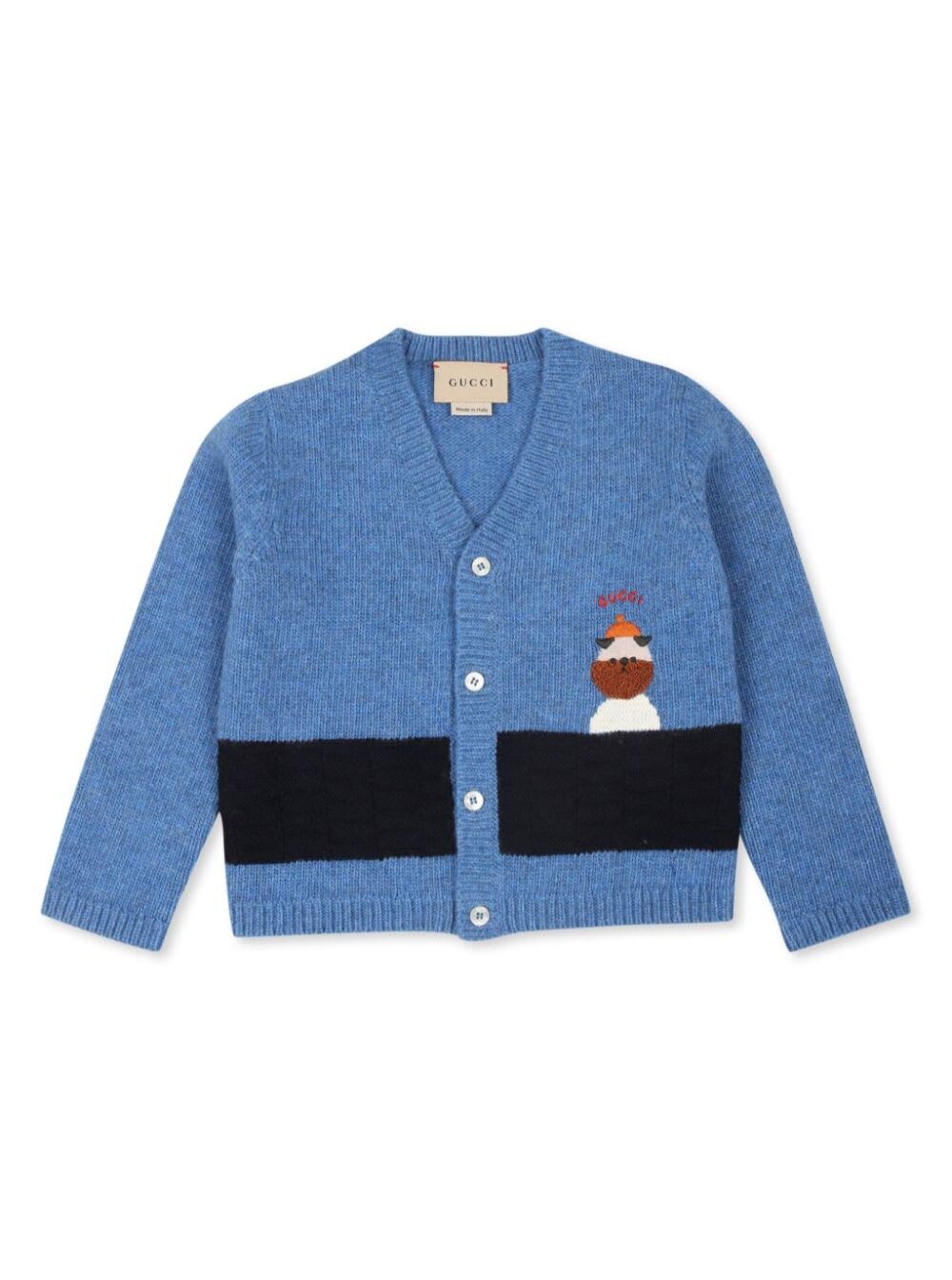 Gucci Blue Cardigan With V Neck And Logo Embroidery On The Front In Wool Baby